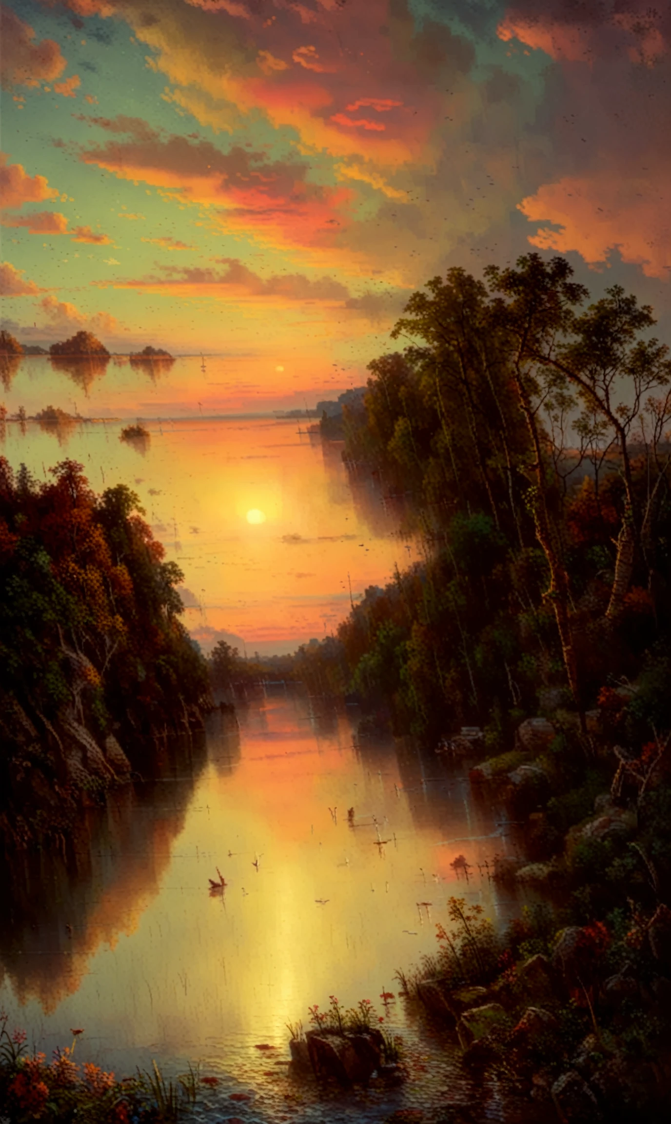 <lora:john-frederick-kensett_pony_v1:1> 'Sunset ' by KensettJohnFrederick in 1856, landscape \(genre\), Luminism \(style\), Natural landscape, Nature, Bank, Sky, morning, Atmospheric phenomenon, Evening, Sunrise, River,, score_9, score_6_up, score_7_up