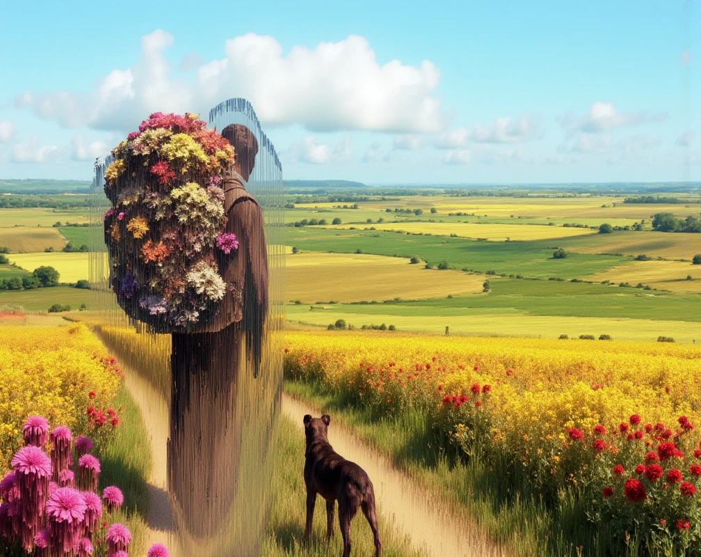 The image is a dramatically composed classical painting of vibrant and colorful landscape, with a field of flowers spanning as far as the eye can see. There is a whimsical looking merchant standing on a road between the flower fields. He carries a gigantic backpack on his back, full of assorted goods and trinkets. A dog accompanies him on his journey. The entire image has sorted glitchy pixels swirled and smeared in all directions.