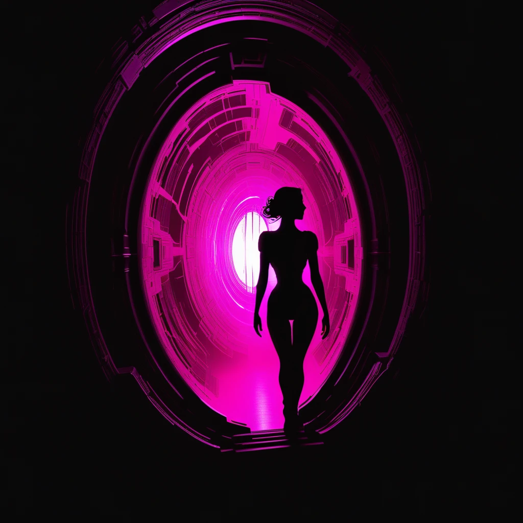 sexy cyberpunk woman with exposed skin and (((no clothes on))), remove clothes, back shot perspective, high angle shot, close up shot, retrofuturism, drawn in the style of Patrick Nagel, dystopian background, dark room filled with electronic devices, cyberpunk aesthetics, dystopian aesthetics, neon lights, floating holographic data