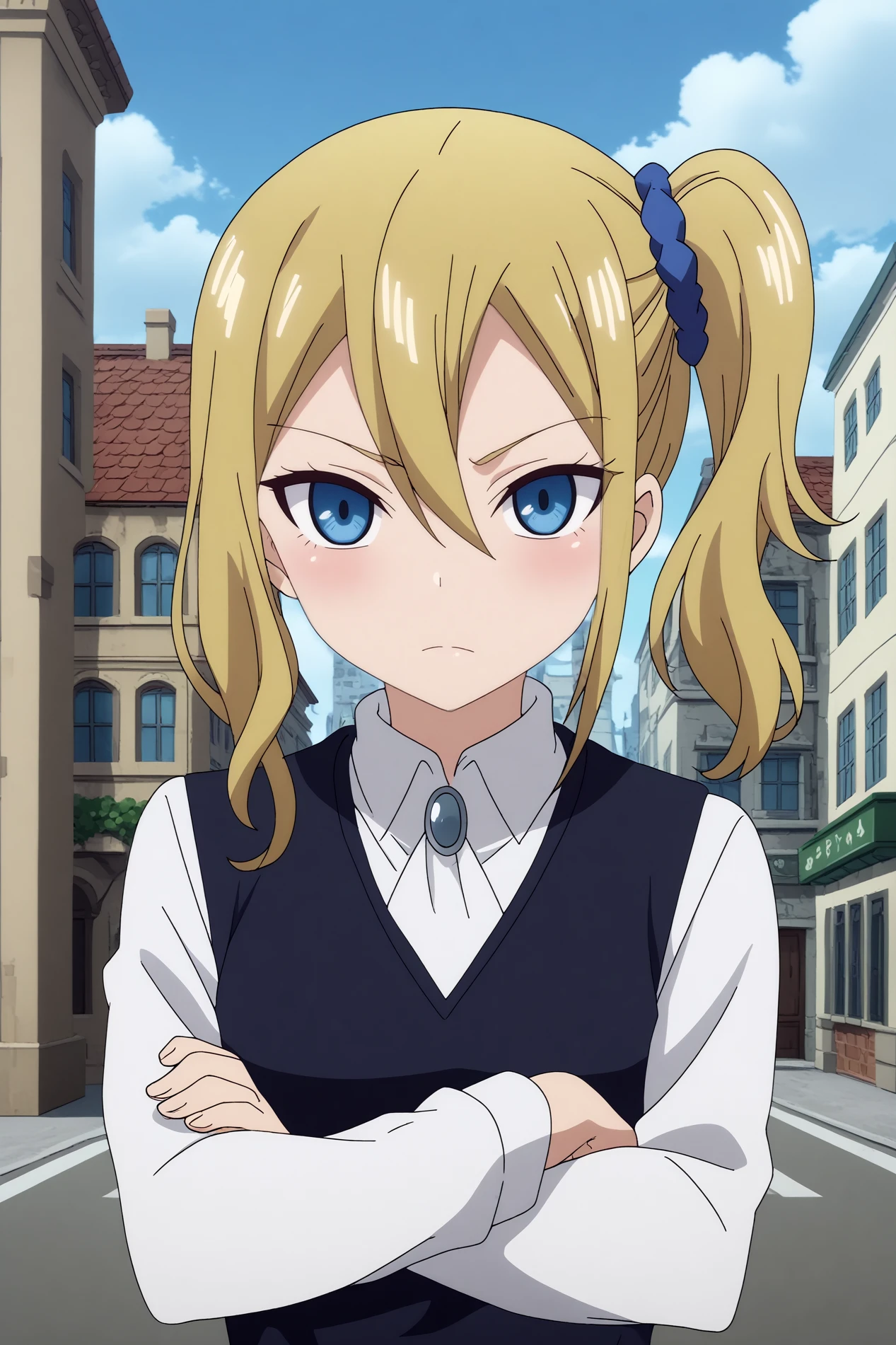 ai hayasaka,1girl,long hair,blue scrunchie,hair scrunchie,hair between eyes,hair ornament,side ponytail,looking at viewer,school uniform,collared shirt,black vest BREAK outdoors,blue sky,city,cloud,  Posing with arms crossed and leaning against a wall,buildings  <lora:Ai_Hayasaka_-_Kaguya-sama_Love_is_War.safetensors:0.8>