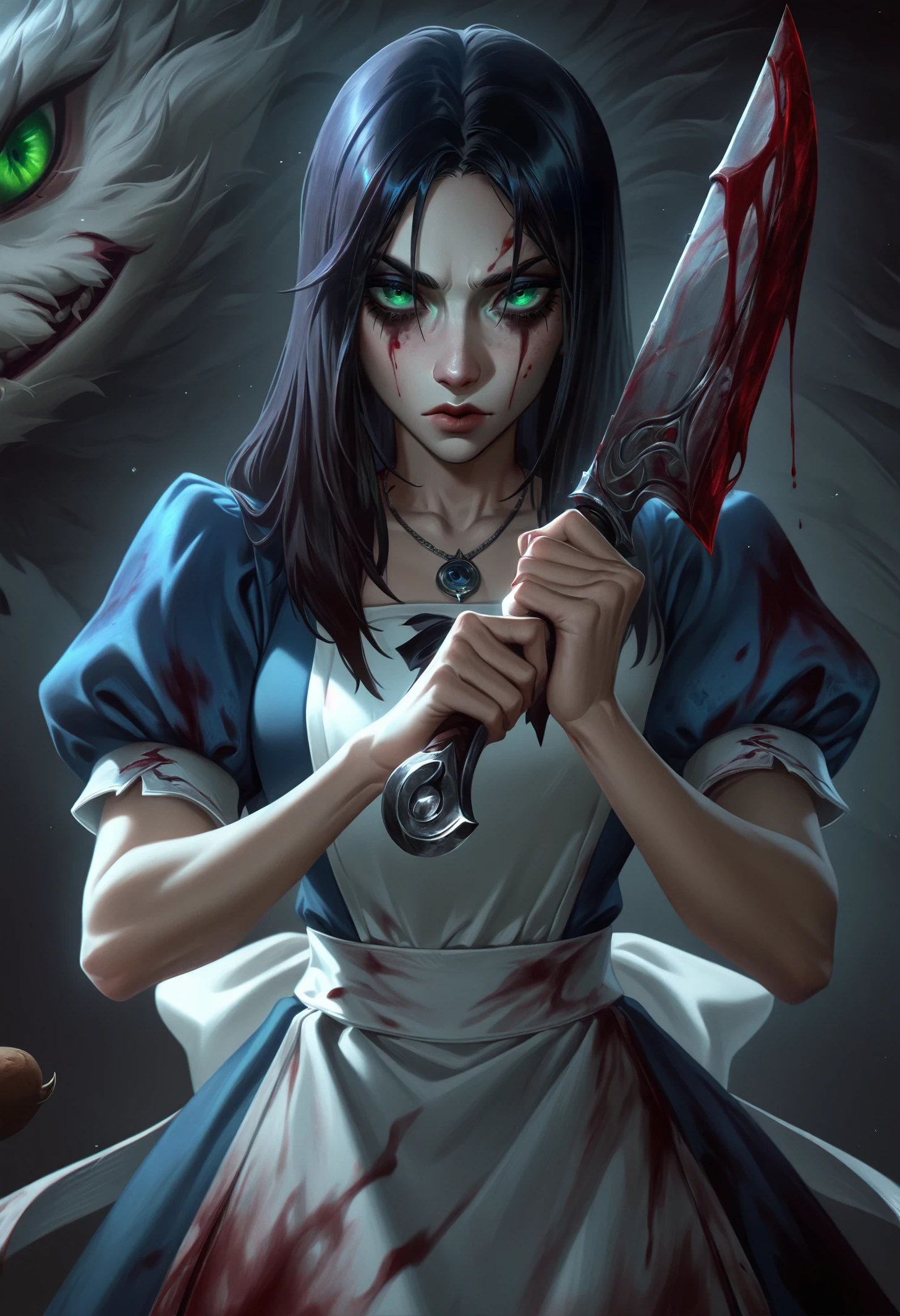 best quality, masterpiece \(quality\), L0LSPL4SH, year2024, year2023, West Studio, sixmorevodka, alice liddell \(american mcgee's alice\), 1girl, back bow, black background, black hair, blood, blood on clothes, bloody weapon, bow, closed mouth, collarbone, cowboy shot, forehead, green eyes, hands up, holding, holding knife, jewelry, knife, lips, long hair, looking at viewer, necklace, parted bangs, pocket, puffy short sleeves, puffy sleeves, short sleeves, simple background, solo, straight-on, straight hair, stuffed animal, stuffed toy, upturned eyes, weapon, white bow, <lora:L0LSPL4SH_IllustriousXLv01:1>