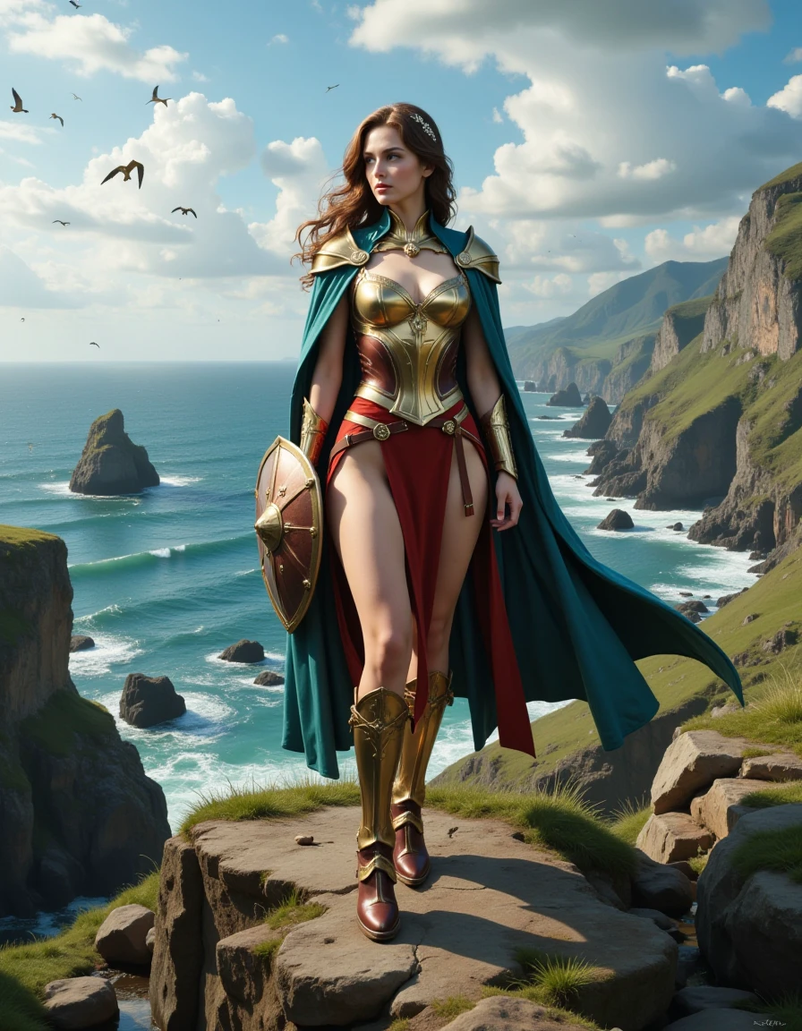 Pony_Flux_001, A young woman stands alone on a windswept cliff overlooking a vast ocean, her long brown hair fluttering in the sea breeze. She wears intricate medieval armor, embellished with a delicate hairpiece, and a flowing cloak billows dramatically behind her. In her hand, she holds a beautifully crafted shield, ready to protect herself against mythical sea creatures. A small mole under her eye adds character to her noble visage. Her expression is resolute as she gazes into the distance, standing firmly in sturdy leather boots. The rugged coastline around her is richly detailed, with soft sunlight casting a warm glow, and seagulls soaring overhead, adding a sense of magic and adventure to the scene.