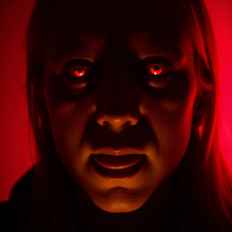 itshalloween,woman,scary face,close up,light source below,red hair,black sclera,glowing red eyes,red light source
, <lora:Its_halloween_flux:0.8>,