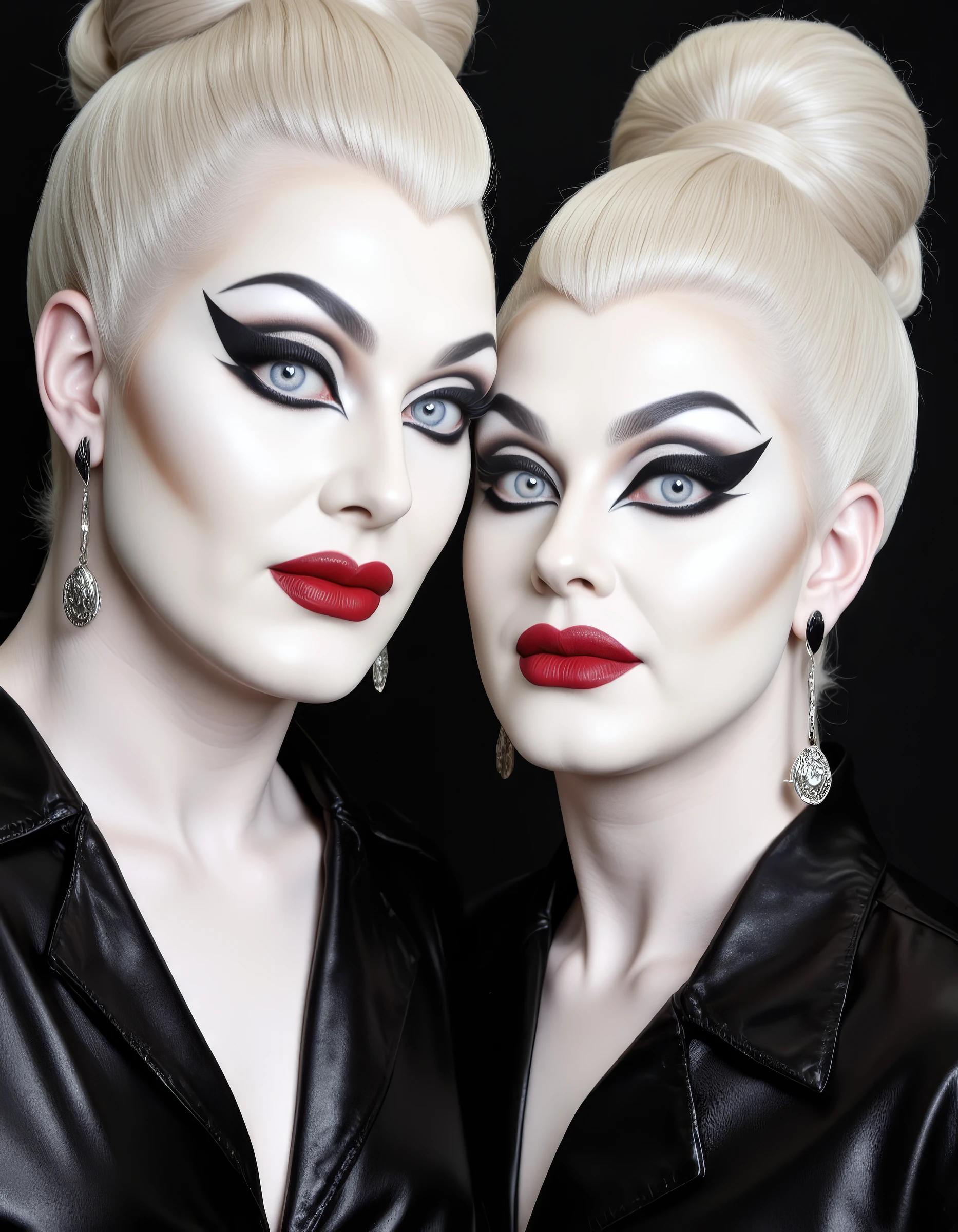 The image is a high-resolution photograph featuring two drag queens posing closely together. Their eyes are pure white, with no visible pupils or irises, creating a mysterious and haunting appearance. The eyes are completely white, glowing eyes, as if wearing solid white contact lenses. One individual is larger then the other. They both have platinum blonde hair styled in high, voluminous buns. Their skin is pale, and they are adorned with heavy, dramatic makeup. Their eyes are accentuated with bold, winged eyeliner that extends dramatically, giving them a striking, theatrical appearance. Both are wearing bright red lipstick, which contrasts sharply with their white makeup base. <lora:flux_bouletbrothers:1>