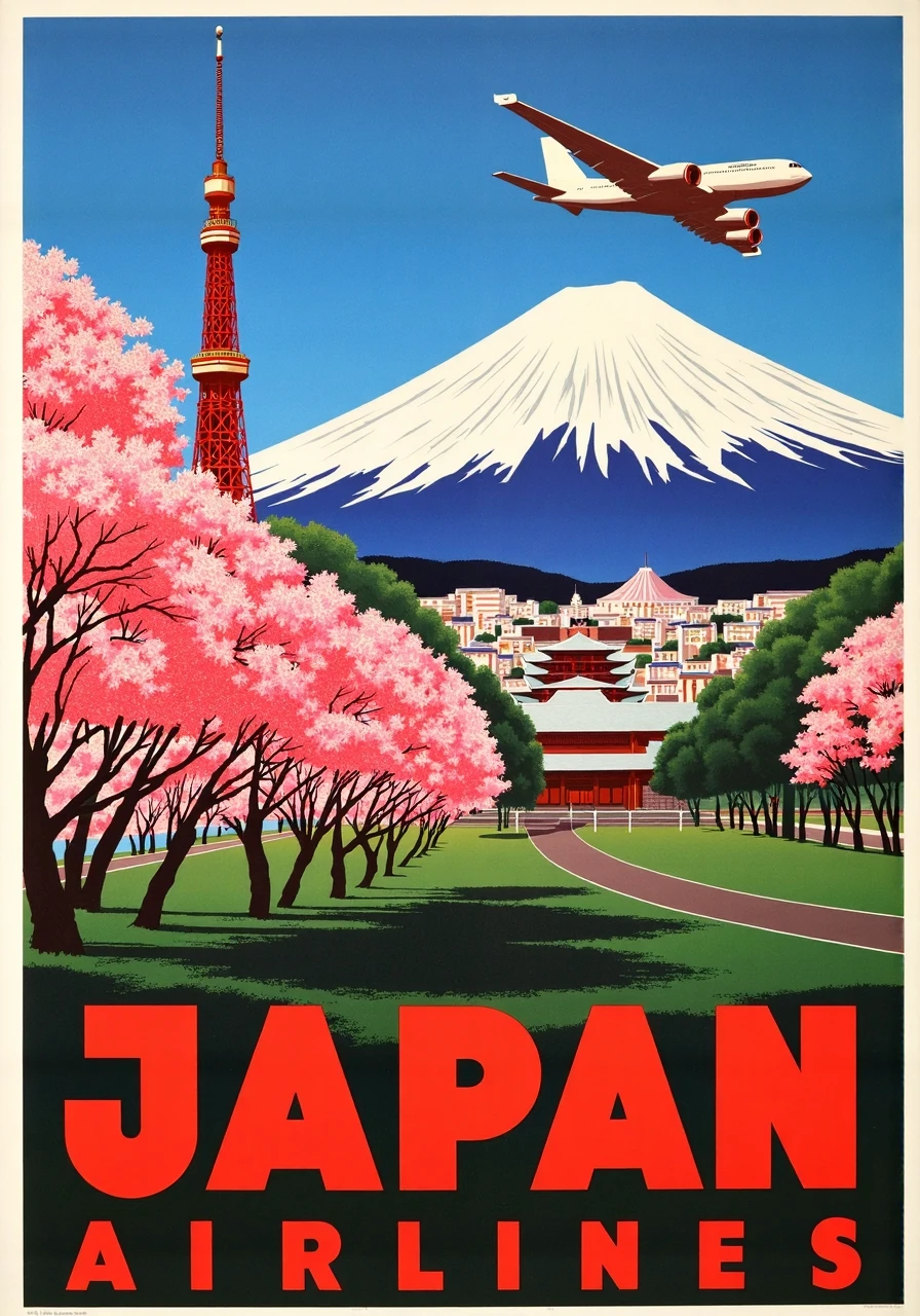 A travel poster for Japan, showcasing Sakura Airlines. The design highlights the stunning cherry blossoms in full bloom surrounding iconic landmarks like the Tokyo Tower and Mount Fuji. A sleek aircraft flies abov