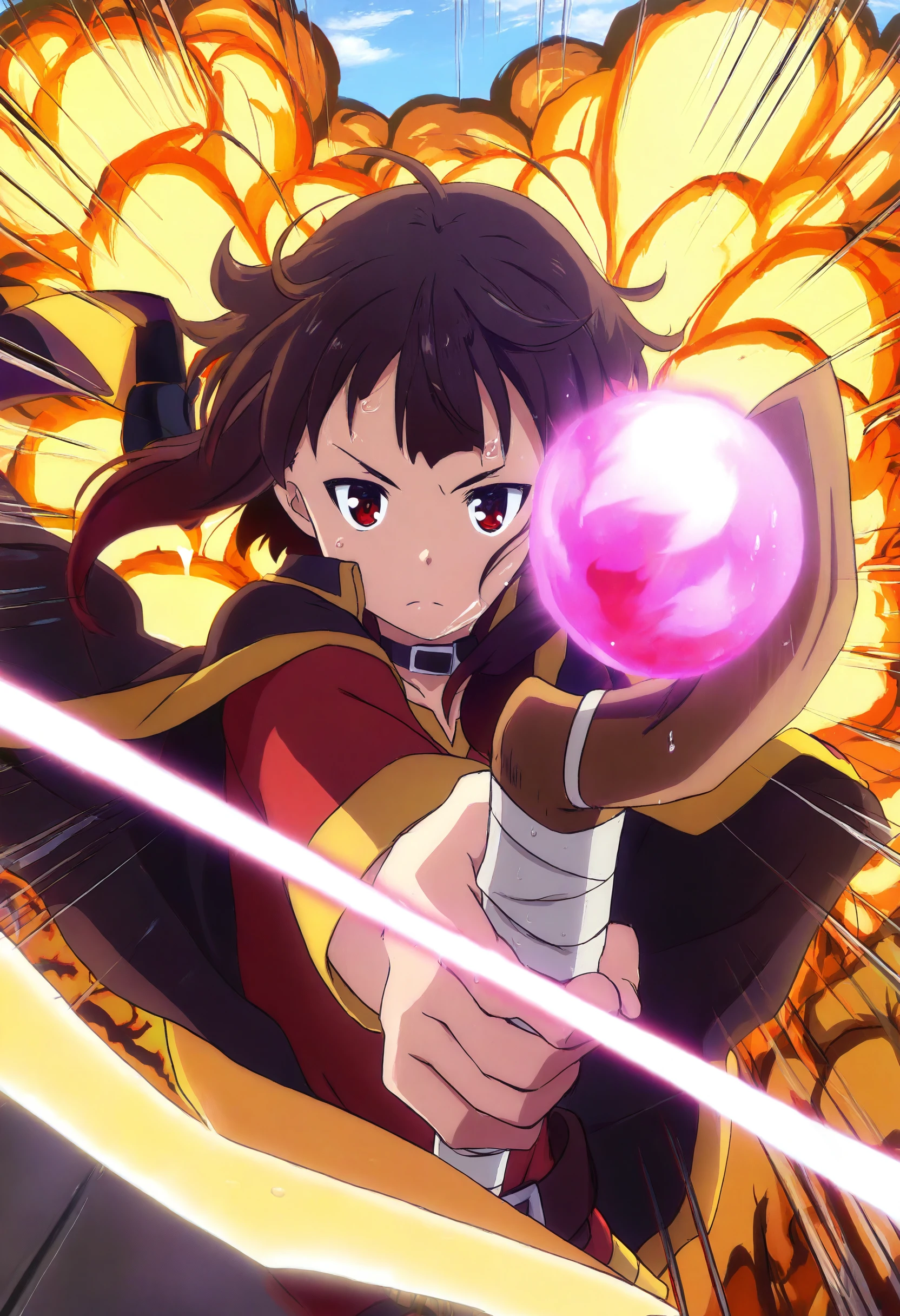 highres,absurdres,masterpiece,best quality,(anime screencap:0.5),<lora:MeMaV3_ill>,scenery,dynamic_angle,close-up,pose,Megumin,upper body,holding staff,reaching towards viewer,explosion,serious,emphasis lines,wind,sweat,looking at viewer,