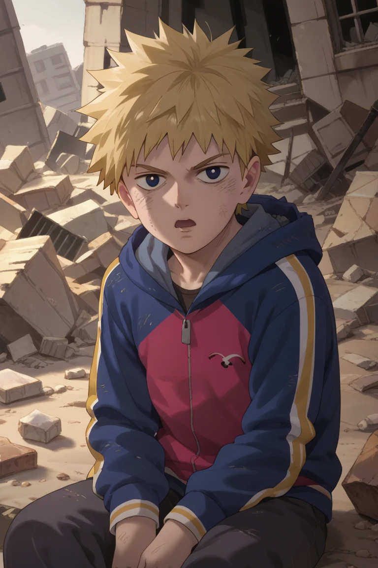 score_9,score_8_up, score_7_up, score_6_up,
hanazawa teruki, blonde hair, blue eyes, 1boy, male focus, solo, ruins, looking at viewer, sitting, spiked hair, hood, open mouth, hoodie, rubble