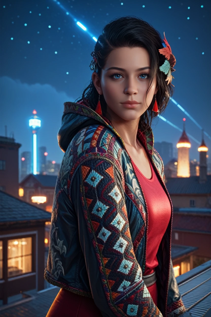 score_9, score_8_up, score_7_up, 
<lora:T8Azucena:0.8>
T8Azucena, 1girl, black hair, blue eyes, hair ornament, looking at viewer, standing on a rooftop at night, city lights twinkling below, wind gently blowing hair, starry sky above, mysterious and enchanting ambiance