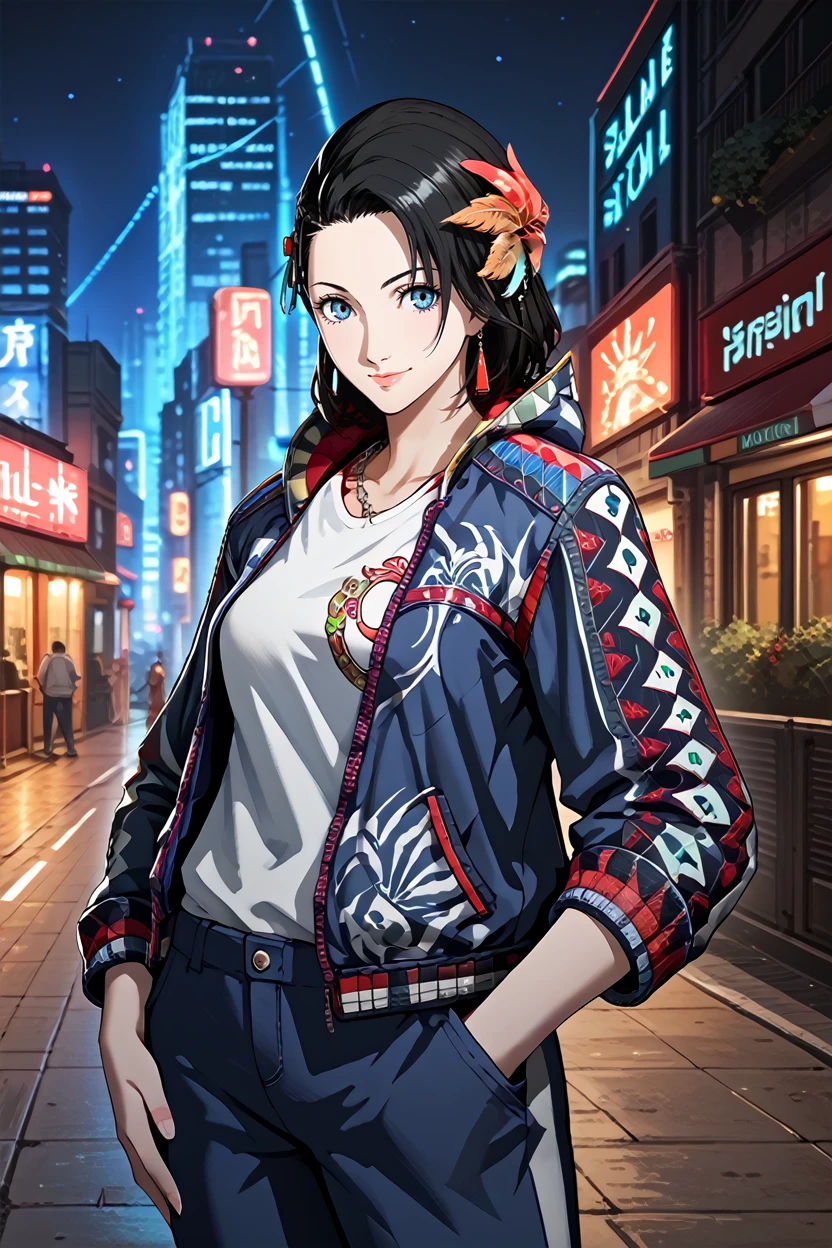 score_9, score_8_up, score_7_up, 
<lora:T8Azucena:0.8>
T8Azucena, 1girl, black hair, blue eyes, hair ornament, looking at viewer, looking over shoulder, soft smile, standing, one hand in pocket, urban street at night, neon lights, city skyline