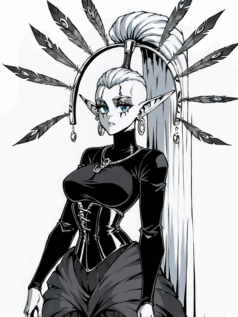 score_9, score_8_up, score_7_up, 
1girl,  yvraine, white hair, high ponytail, long ponytail, shaved head, pointy ears, blue eyes, 
eyeshadow, facial marks,
feather headdress, earrings,
monochrome,

black dress, long sleeves, turtleneck,  long skirt, corset, standing, white background, looking at viewer, parted lips,