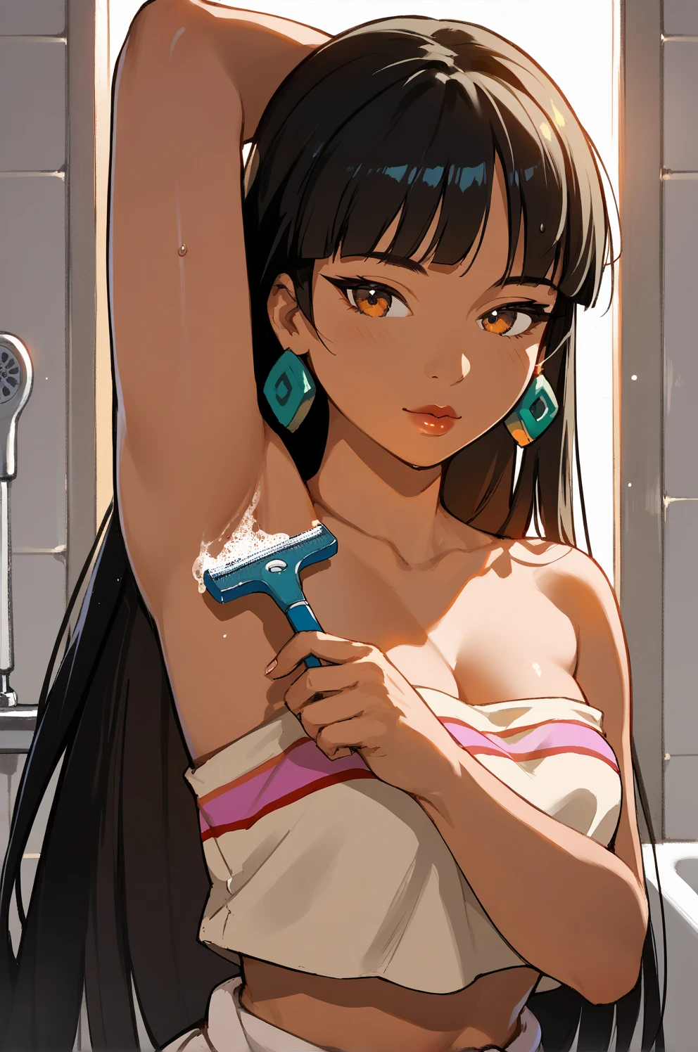 , Age: 8 years、 Dark Skin, Small black eyes, High Amount, Wild Hair, Round face, Very detailed, Sharp focus, Amazingly beautiful, Embarrassed look, masterpiece, highest quality,Completely naked、Completely naked、Completely naked、Full body view