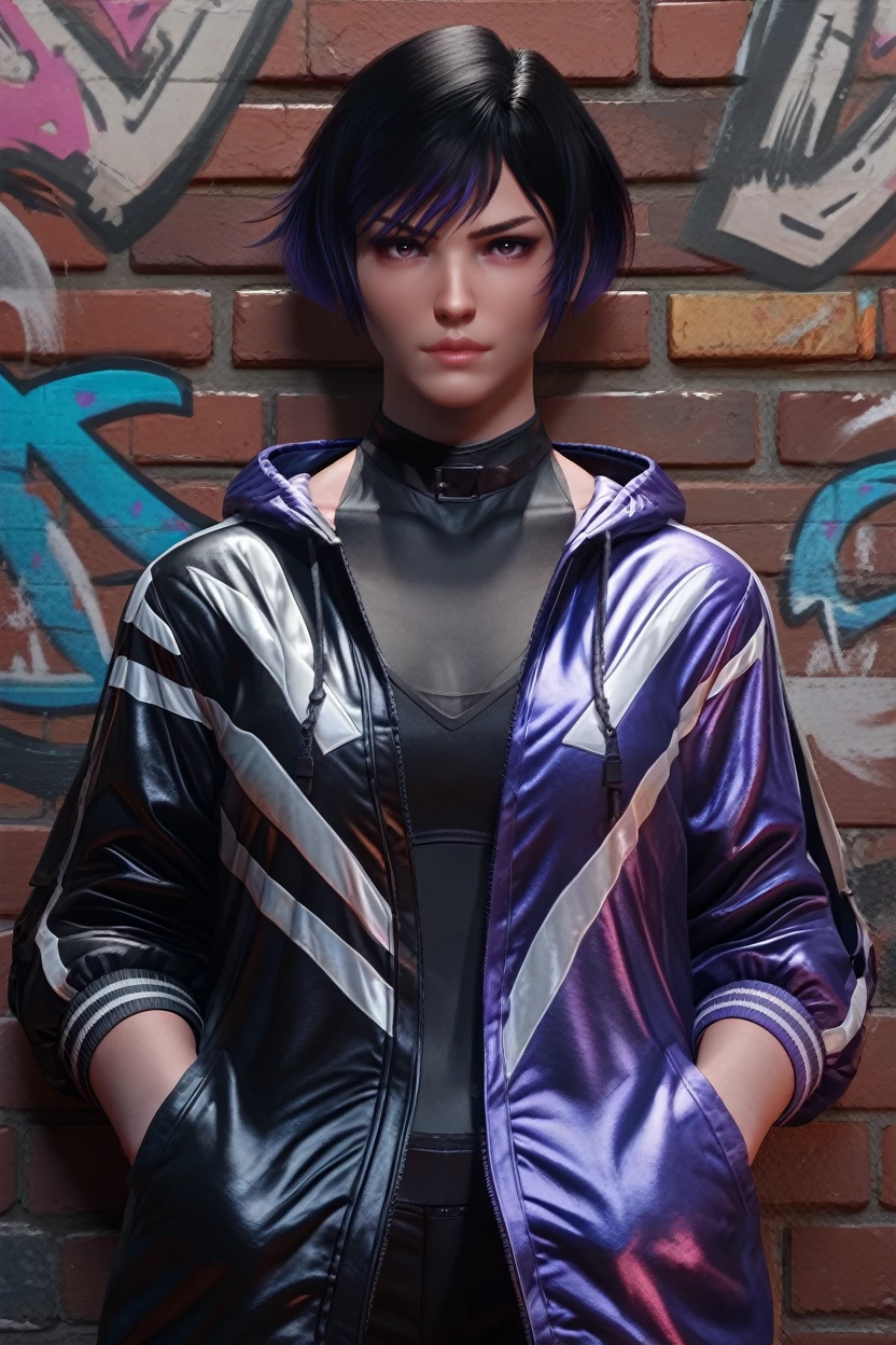 score_9, score_8_up, score_7_up, 
<lora:TKReina:0.8>
TKReina, 1girl, black hair, purple hair, multicolored hair, short hair, looking at viewer, leaning against a brick wall, hands in jacket pockets, urban alleyway with graffiti art, moody lighting with shadows, edgy and modern vibe