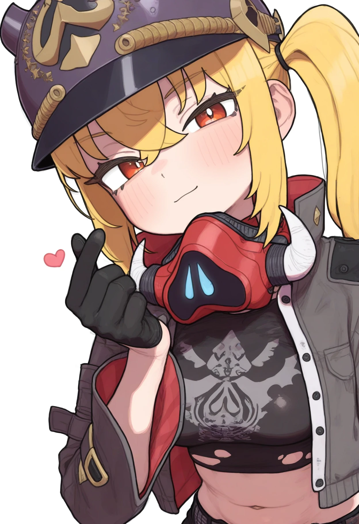 1girl, solo, imluciana, healthyman, (opossumachine:0.8), (asanagi:0.5),  white background,
medium breasts,
upper body, looking at viewer, light smile, finger heart, profile, 
blonde hair, long hair, side ponytail, 
black tank top, crop top, black gloves, black shorts, torn clothes, black jacket, cropped jacket, long sleeves, helmet, mask around neck, navel,
<lora:LucianaIllustrious:1>