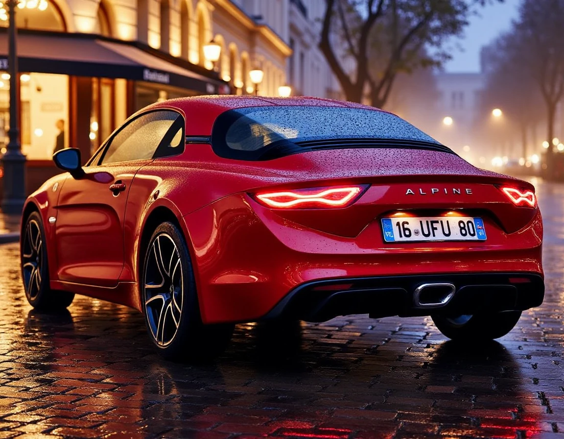 From a rear corner perspective, the Alpine A110 in fiery red stands out brilliantly on the rain-slicked Parisian street. The rich red paint gleams under the cityâs glowing cafÃ© lights, with reflections of warm amber and soft neon hues dancing across its sleek curves. Raindrops bead on the surface, tracing the flowing lines from the taillights along the muscular rear to the sharp, sculpted side. The carâs twin exhausts and rear spoiler hint at its performance pedigree, while the shimmering wet cobblestones beneath add depth to the scene. With the misty rain softening the lights of nearby cafÃ©s and lampposts, the Alpine A110's bold red presence adds a dash of passion to the romantic Parisian night.
It writes "16 UFU 80" on the license plate.
 <lora:uai_AlpineA110_v206:1>