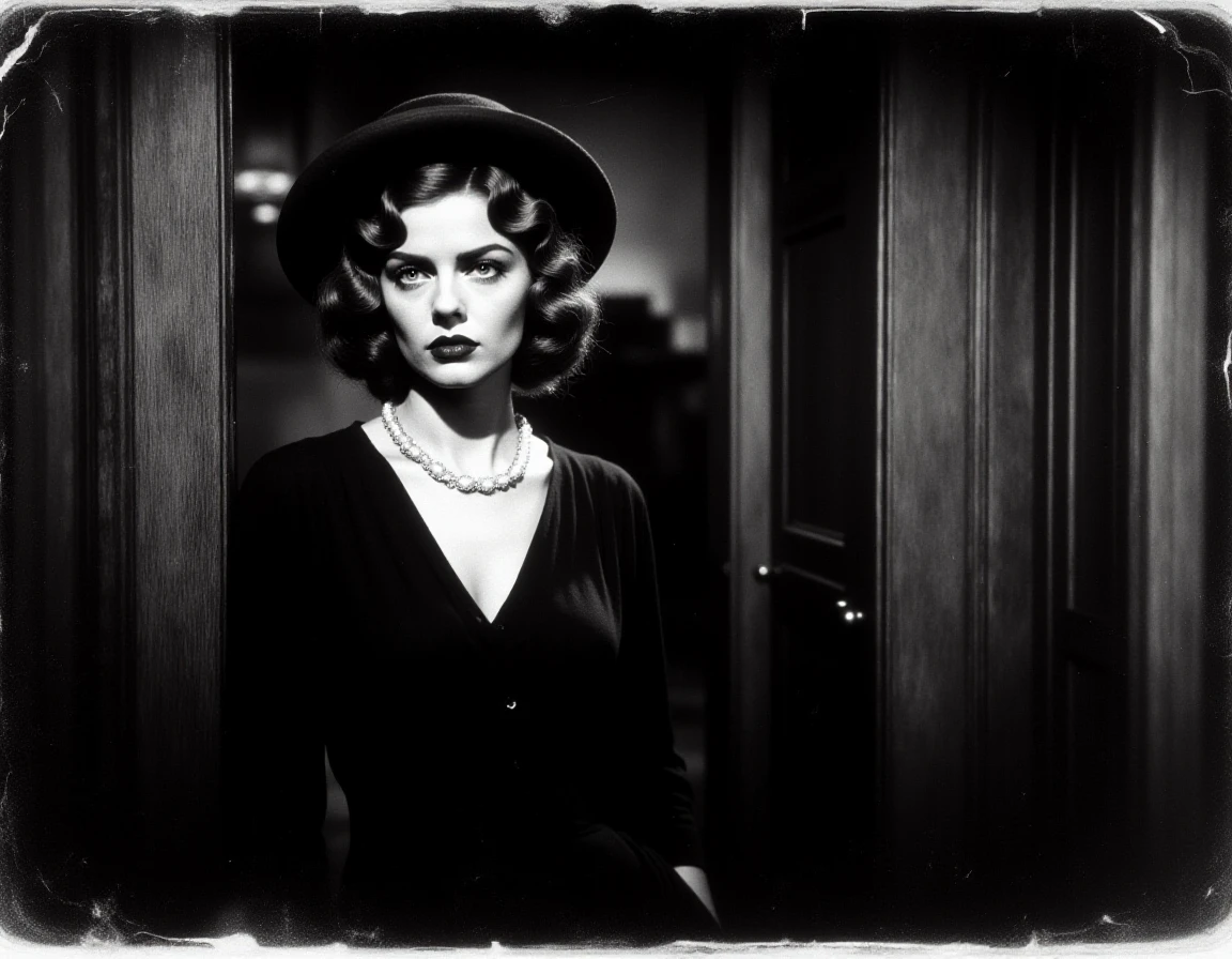 TheScaryDoor, a 1900's rough black and white photograph ,the scene is suspenseful and eerie.  close up bust portrait of a red-haired femme fatale wearing a low cut dress and a wide brimmed hat.  She stands in front of a detective's office door.  <lora:The_Scary_Door-Flux:1>