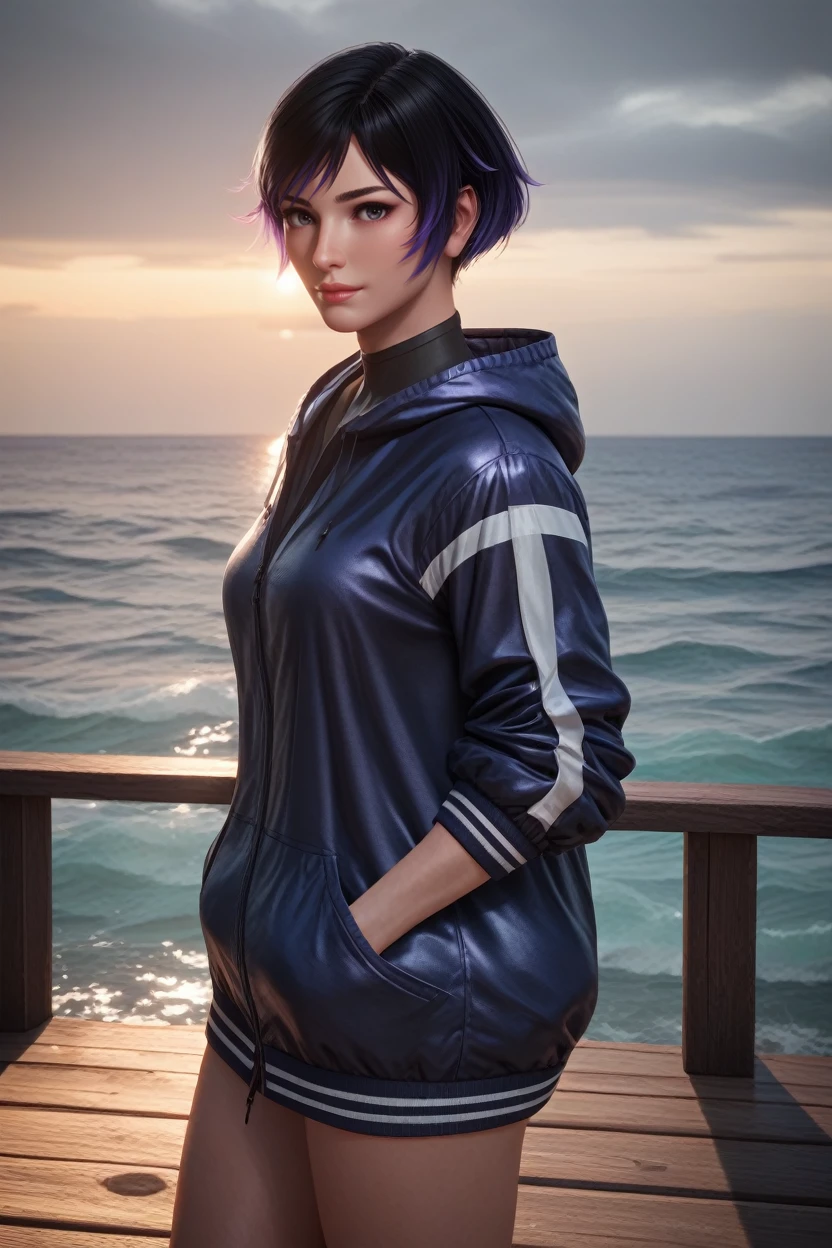 score_9, score_8_up, score_7_up, 
<lora:TKReina:0.8>
TKReina, 1girl, black hair, purple hair, multicolored hair, short hair, looking at viewer, standing on a pier, looking out at the ocean, hands in pockets, overcast sky with hints of sunlight breaking through, calm and introspective atmosphere