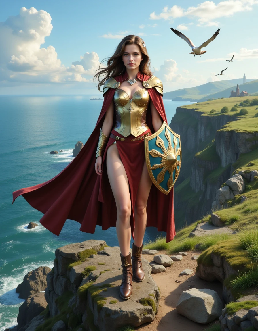 Pony_Flux_001, A young woman stands alone on a windswept cliff overlooking a vast ocean, her long brown hair fluttering in the sea breeze. She wears intricate medieval armor, embellished with a delicate hairpiece, and a flowing cloak billows dramatically behind her. In her hand, she holds a beautifully crafted shield, ready to protect herself against mythical sea creatures. A small mole under her eye adds character to her noble visage. Her expression is resolute as she gazes into the distance, standing firmly in sturdy leather boots. The rugged coastline around her is richly detailed, with soft sunlight casting a warm glow, and seagulls soaring overhead, adding a sense of magic and adventure to the scene.