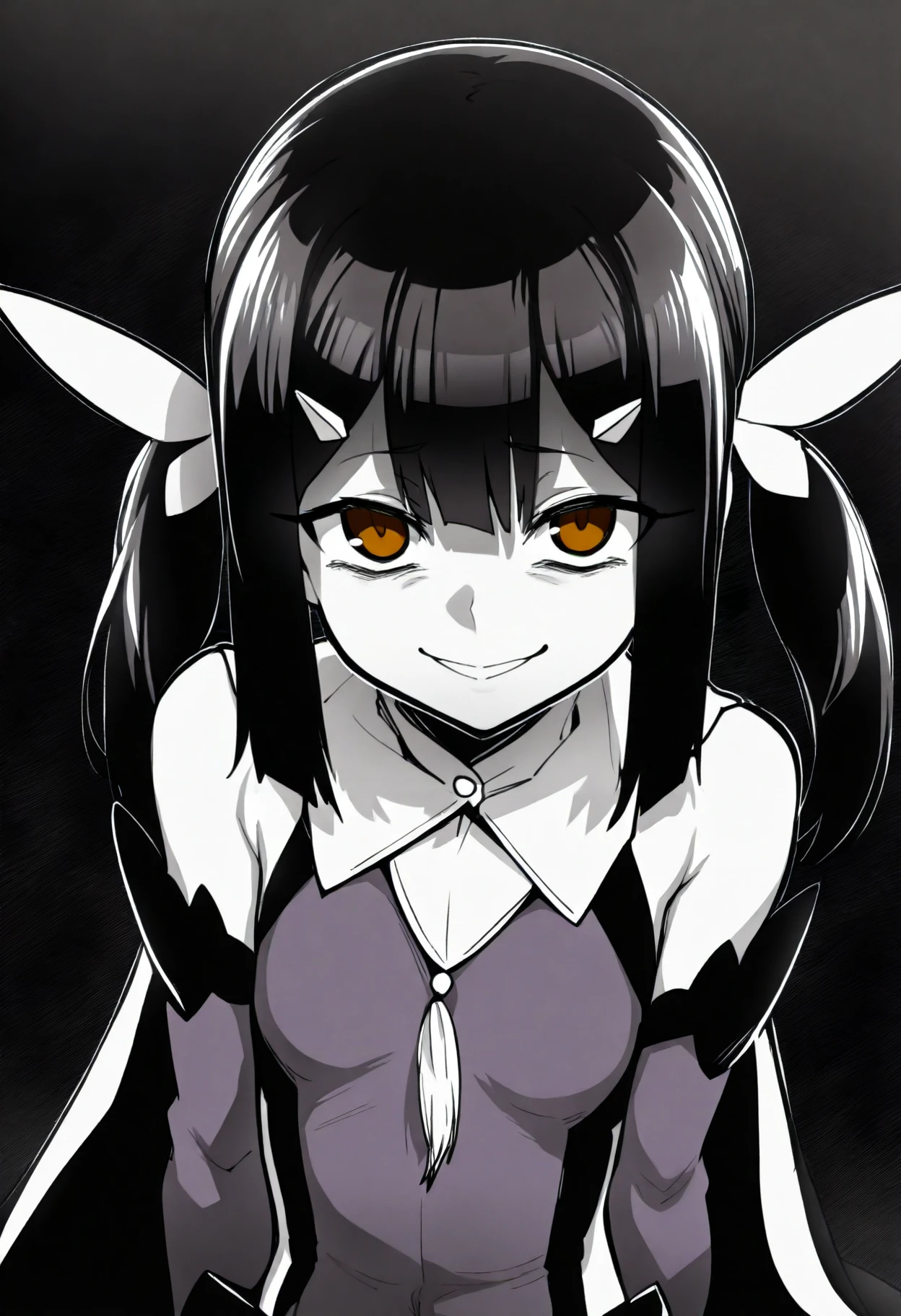 best quality, amazing quality, very aesthetic, absurdres,
monochrome, greyscale, ebiblue, gesugao,
1girl, miyu edelfelt, black hair, brown eyes, hairclip, bangs, twintails, long hair, cape, detached sleeves, hair ornament, magical girl, purple leotard,
(glowing eyes:0.5), smile, looking at viewer, solo, black background <lora:EbiblueIllustriousXL_byKonan:1> <lora:MiyuEdelfeltIllustriousXL_byKonan:1>