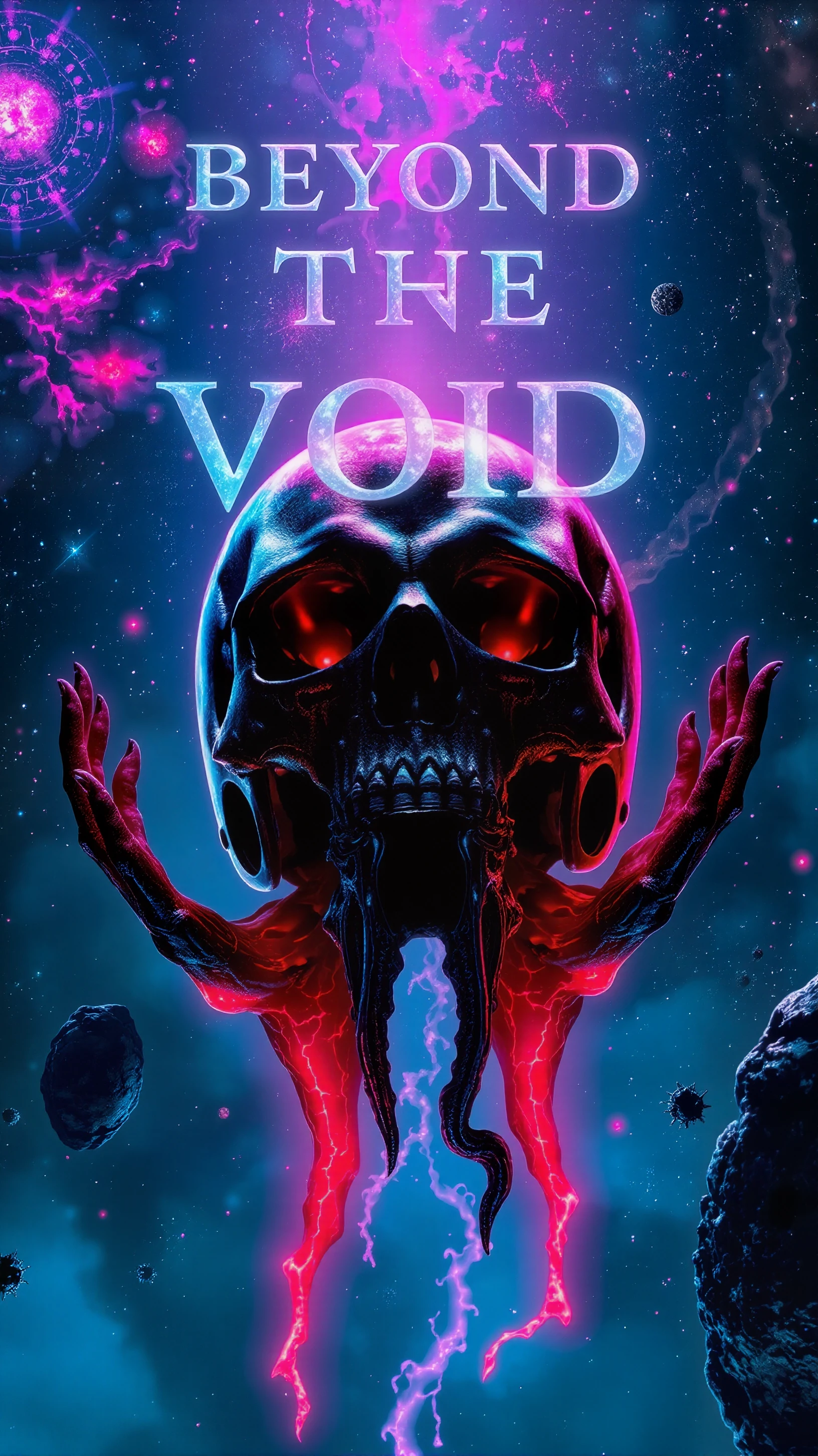 Text letters and words that says "Beyond the Void" in ethereal lettering hovering above a colossal floating skull amidst swirling galaxies and electric nebulae, surrounded by hands glowing with fiery red light. An epic angle emphasizes the grandeur and scale of the skull, contrasting against the cosmic backdrop filled with vibrant stars and distant worlds. A stunning 8K HD cinematic concept art render influenced by Gerald Brom's style, highlighting intricate details on the skull's surface. Soft, mysterious lighting creates a dreamlike atmosphere that enhances the scene