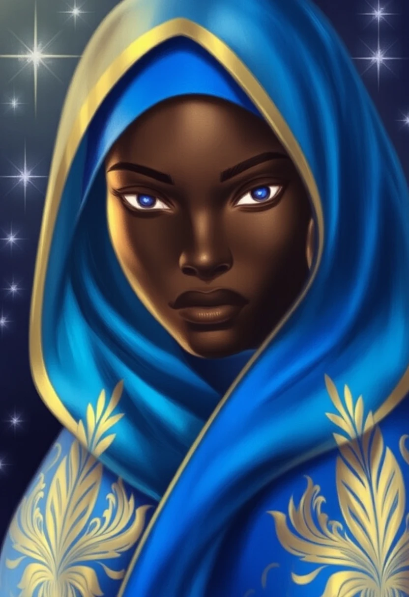 @NozomiMats, Nozomi Matsuoka \(Artist\), @Nozomi, nozomi.matsuoka \(Artist\),An african woman wears a cerulean and cobalt robe with gold embellishments, her enigmatic face framed by a hood. Her eyes hold untold stories amidst an inky void punctuated by starlike silver sparkles. Tenebrist lighting highlights her stoic beauty, robe details, and ethereal elegance.
