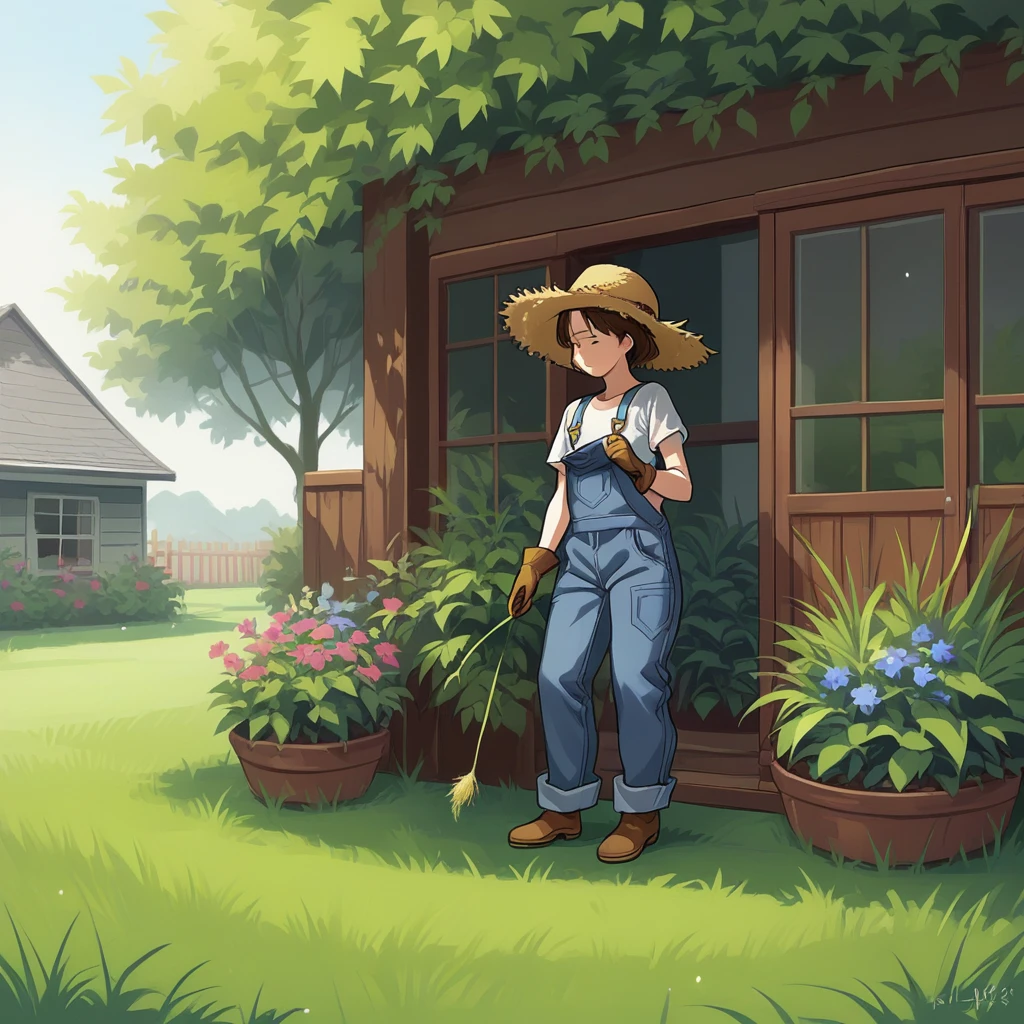 score_9, score_8_up, score_7_up, score_6_up, score_5_up, score_4_up, zPDXL2,source_anime,rating_questionable, 1girl, solo, short brown hair, overalls, t-shirt, gloves, straw hat,<lora:Backyard:0.8> b4cky4rd, outdoors, grass,deck , garden