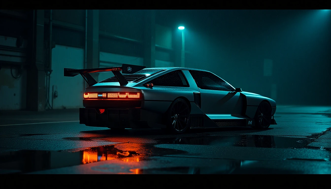 a hyundai nvision at night, steel, puddles, rain, orange and teal lighting, cinematic