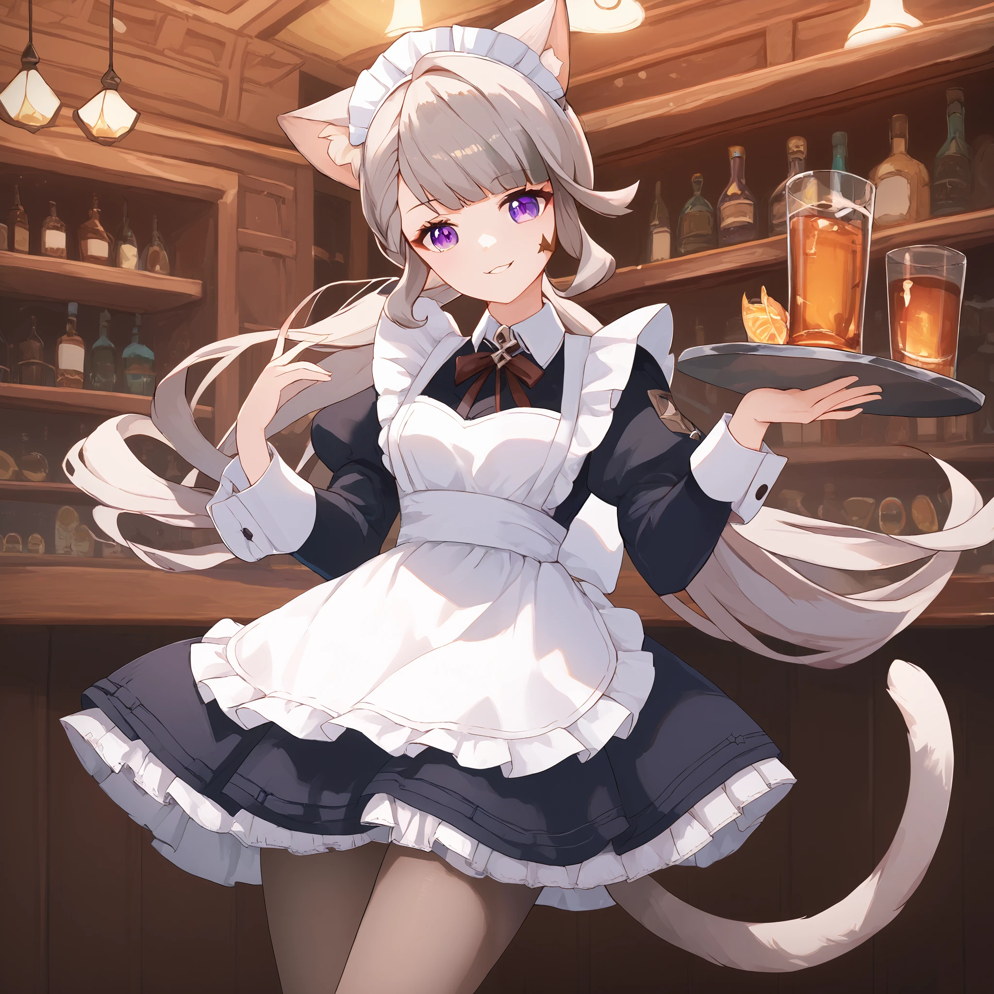 A young white haired woman with copper eyes and an hourglass figure with white fox ears and a white fox tail in a Lolita maid uniform is setting a table in a fancy maid cafe with a big smile