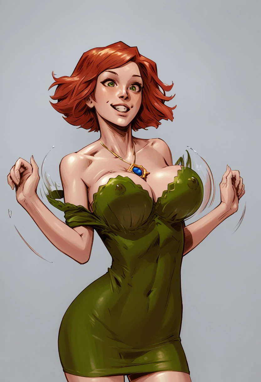 score_9, score_8_up, score_7_up, score_6_up, f3nr15, rating_explicit, solo focus, cowboy shot, portrait, view from front, upper body focus, 1girl, SOCAlexia, red hair, short hair, green eyes, large breasts, Alexiagown, green dress, off shoulder, blue necklace, smiling, jumping up and down, bouncing breasts,