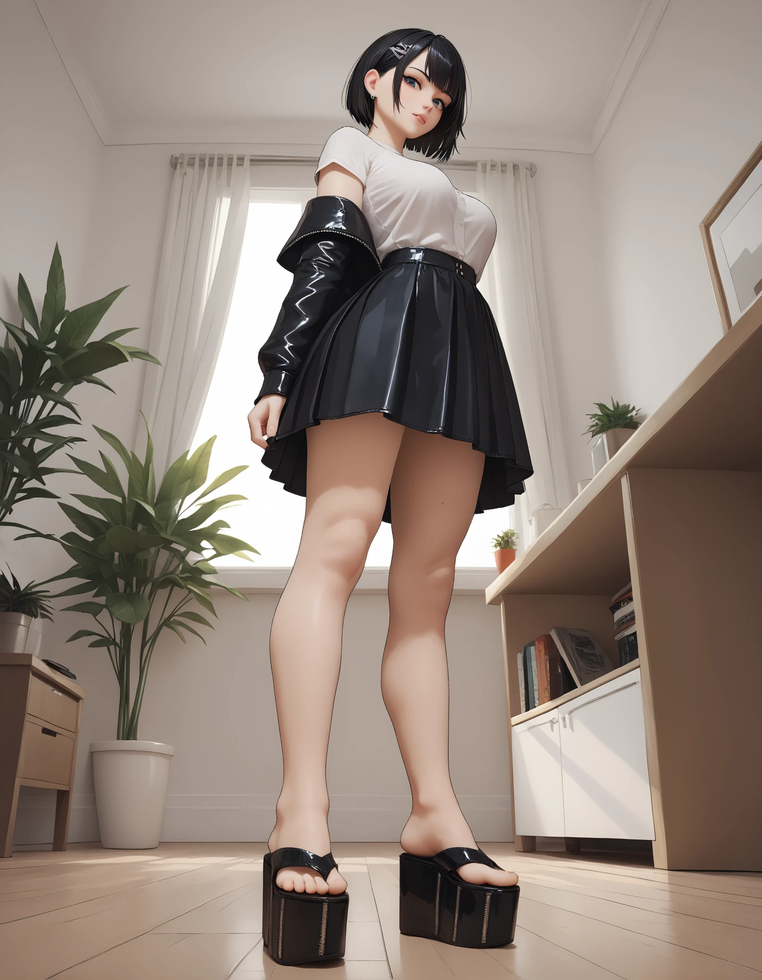 score_9, score_8_up, score_7_up, score_6_up, score_5_up, score_4_up, 
1girl, 
standing, looking at viewer, low angle,, (from side:0.8),
goth,
short hair,
(z1p1t platform flip flops), 
low angle, 
black hair,
looking at viewer,
embedding:zPDXL2 ,