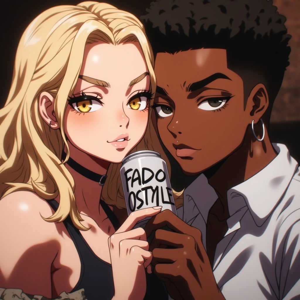 <lora:FadooStyle:1> , white skin woman blonde and dark skin men, animated, hold and show to the viewer a cans (write: "FADOOSTYLE" in the cans), f4d0ostyl3âââ