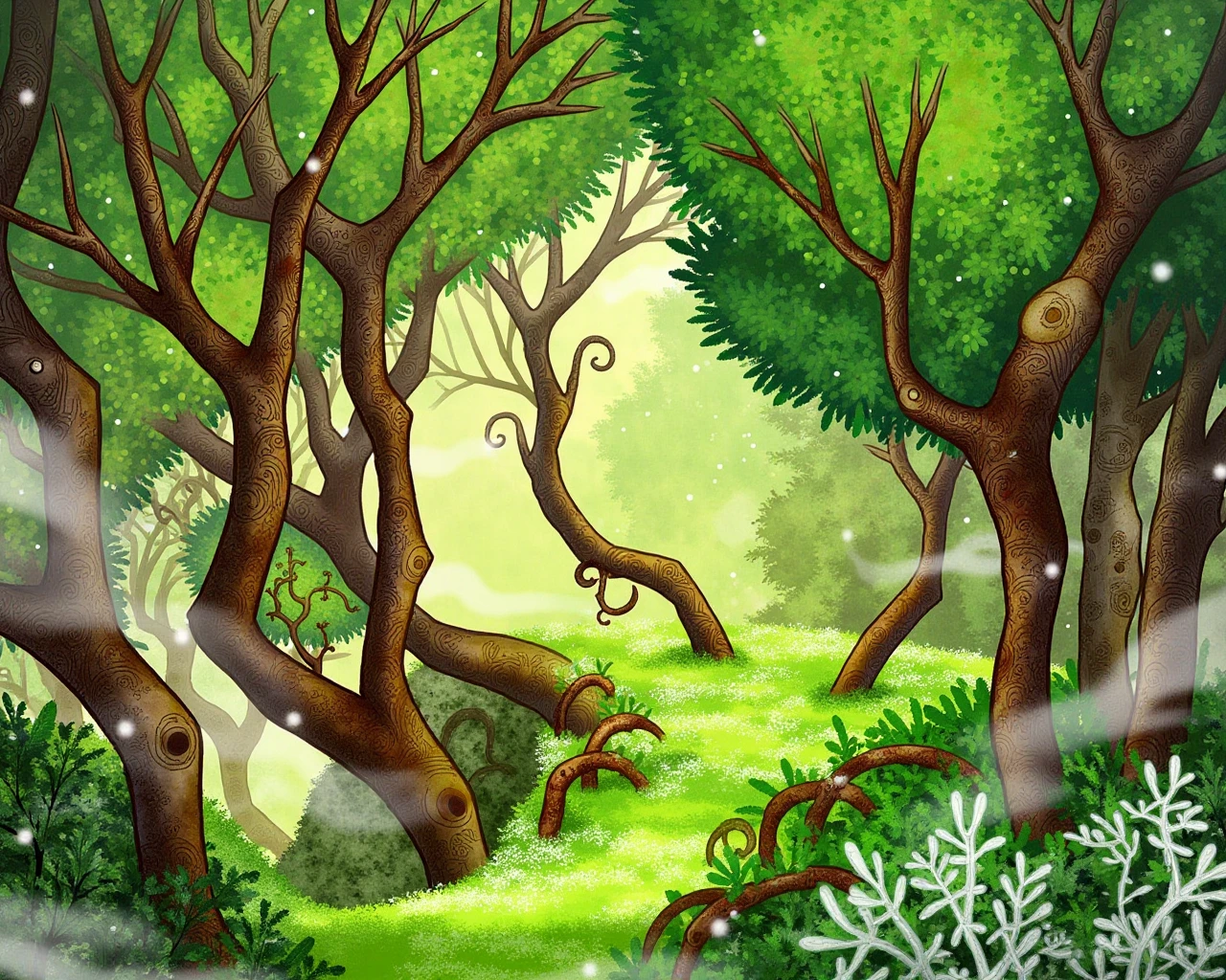 SecretKells, a lush forest filled with twisting, geometric trees, their branches forming intricate Celtic patterns, the light filtering through the leaves creates a magical atmosphere, soft glowing particles float in the air, detailed, vibrant, hand-drawn animation style.