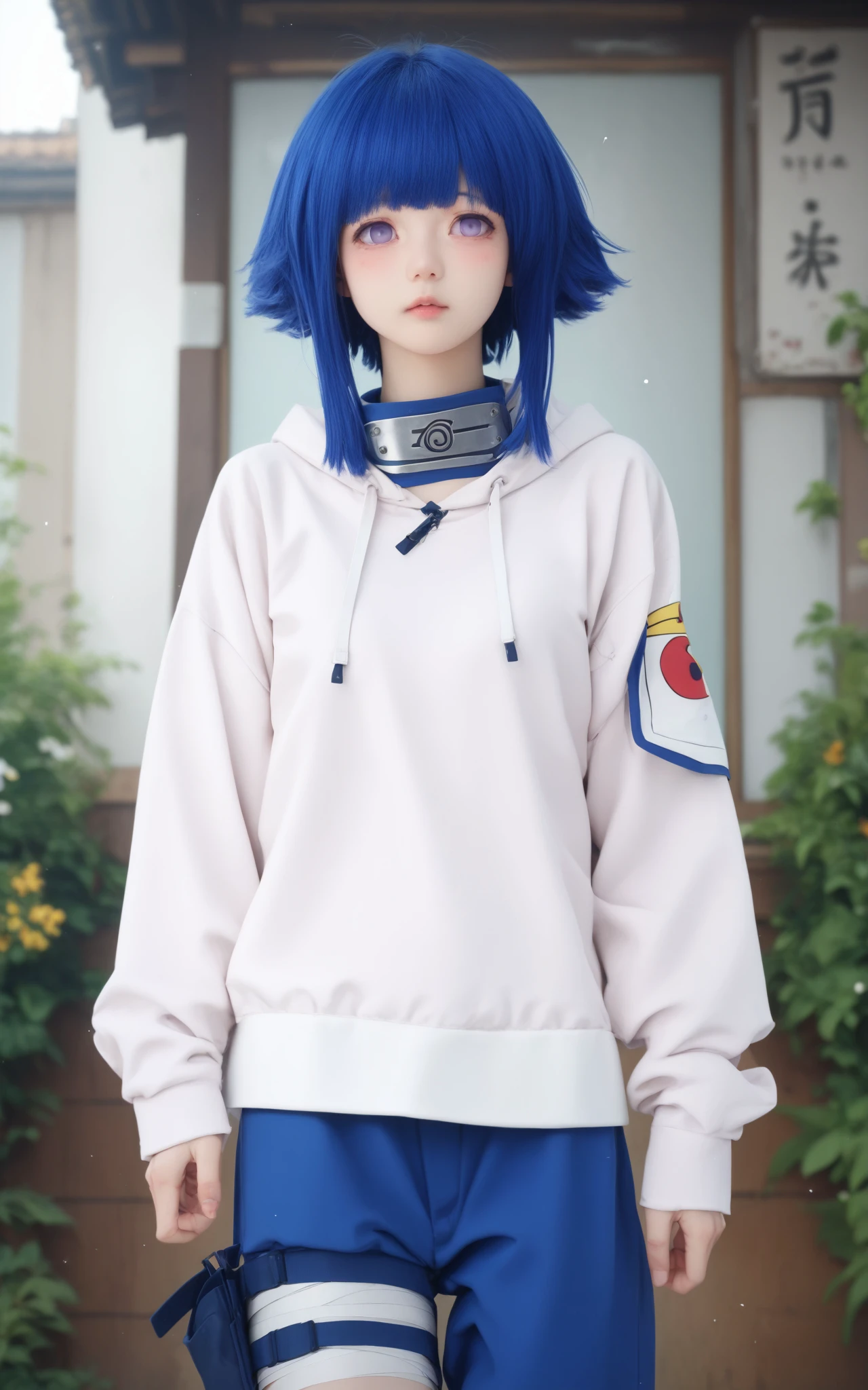 score_9,score_8_up,score_7_up,1girl,short hair,blue hair,purple eyes,no pupils,konohagakure symbol,forehead protector,hoodie,long sleeves,bandages,thigh holster,hyuuga hinata,<lora:hinata_cos_r1-000003:0.6>,realistic,