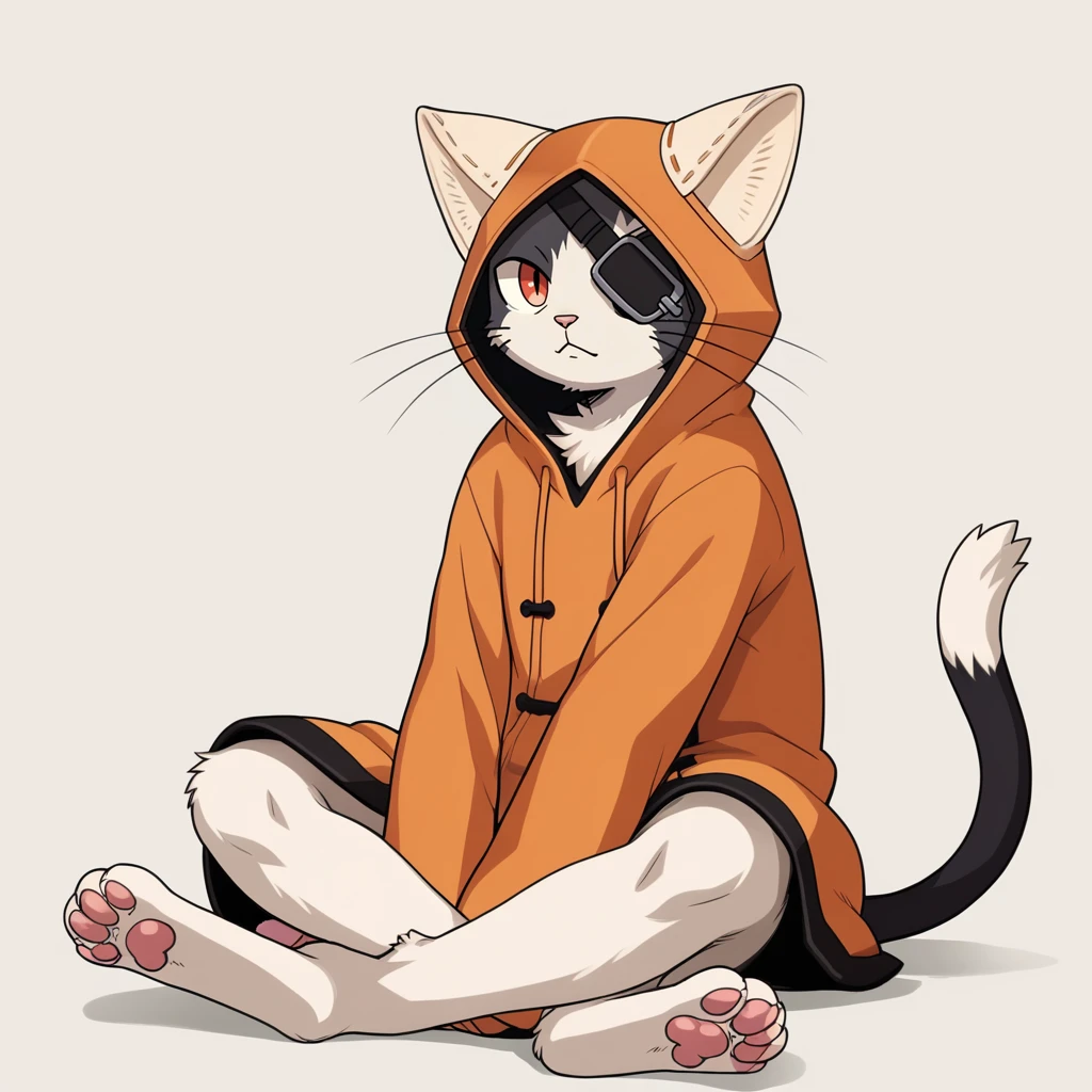 safe_pos, score_9, score_5_up, score_4_up, best quality, source_anime, anime screencap, uncensored, 1boy, solo, furry, anthro, black and white fur, cat, cat ears, whiskers, thin red pupil, left eyepatch, closed orange hood, hoodie covering cat ears, sitting, full body, looking at viewer, simple background, <lora:Jubei_Blazblue_Character__PonyXL:1>