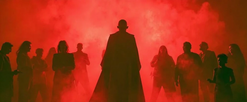 A man in a red robe stands in front of a group of people in a dimly lit room.illuminated by a red light that casts an eerie glow .
M4nDy style