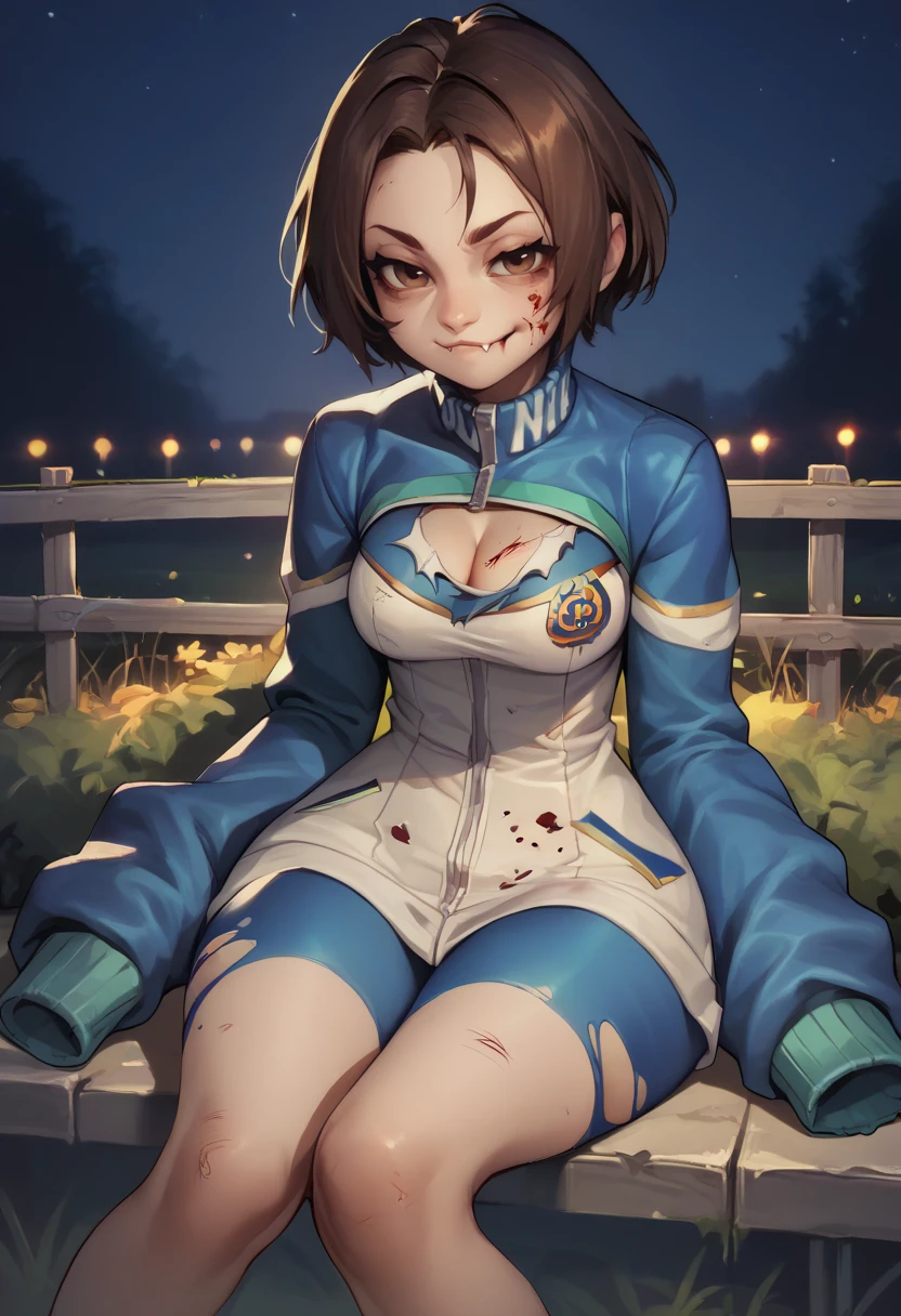 score_9,score_8_up,score_7_up,score_6_up,
urikoxl,brown short hair,brown eyes,
blue track jacket,sleeves past wrists,white bike shorts,fang,
solo,hips,sitting,smug,torn clothes,cleavage,(blood:0.7),
outdoors,night,
<lora:Urikoxl:0.9>,