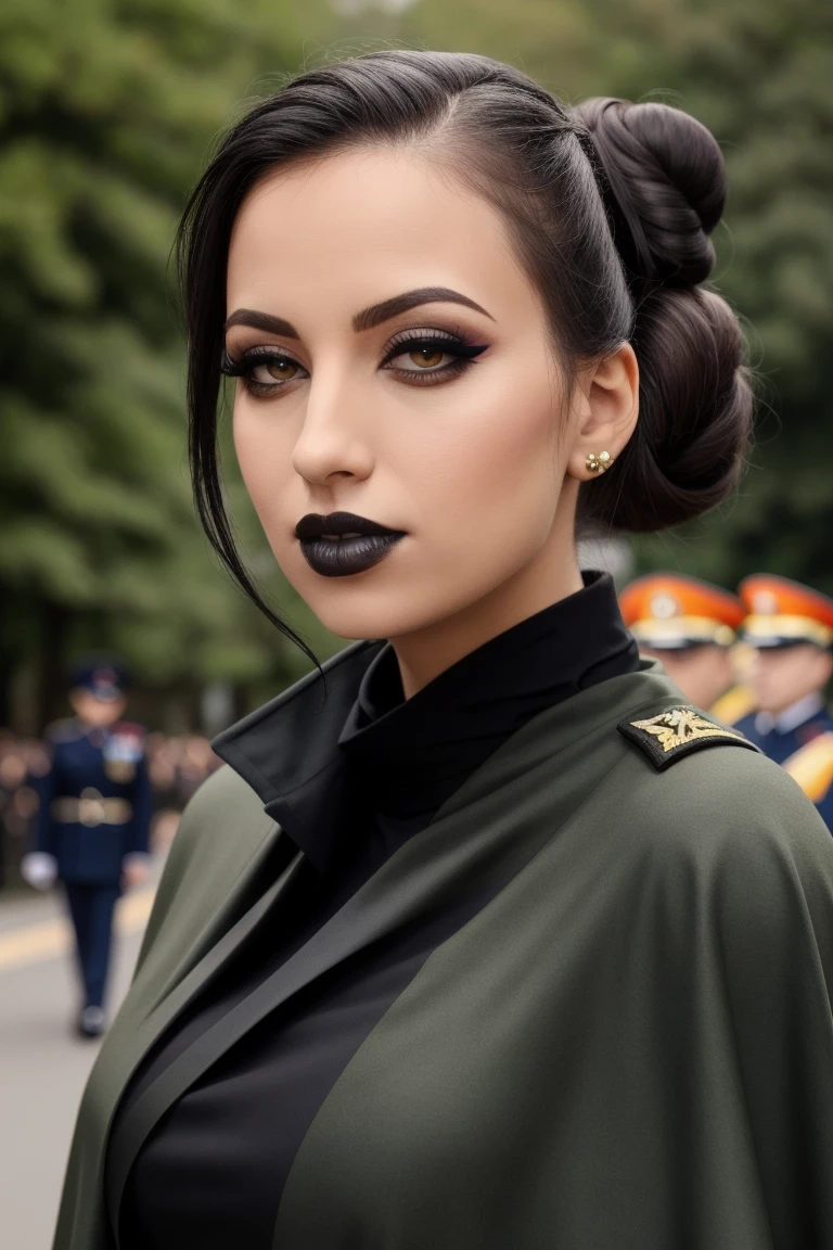 <lora:janadefi:0.6>, janadefi, ((fully clothed, modest)) a photo of a woman, outdoors, (black lipstick, heavy eyeliner, heavy eye shadow), cape, military uniform, military medals, ((hair in bun)), military parade, military procession