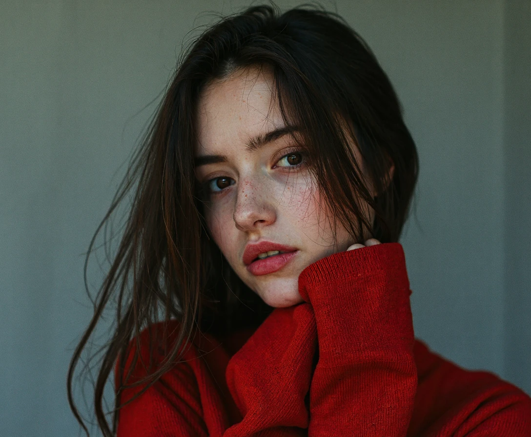 GRUNGE, a young woman wearing a red pullover