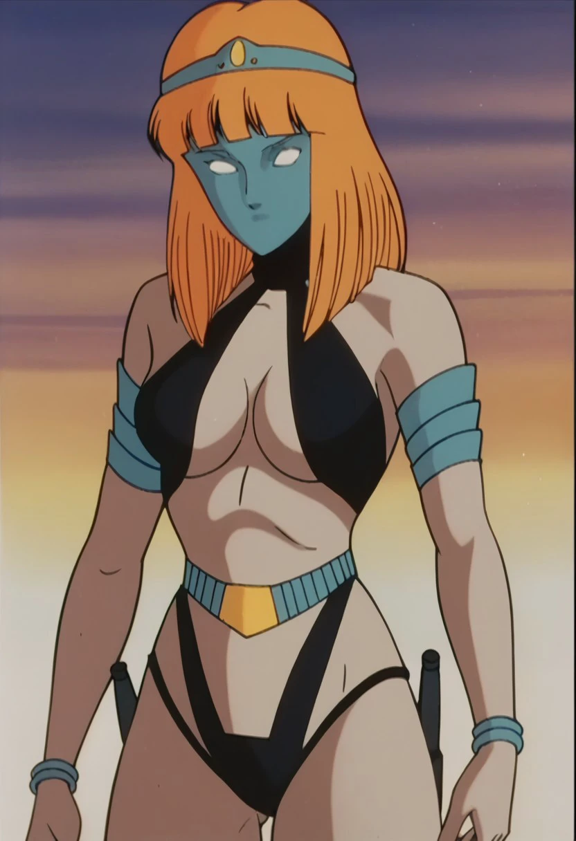 score_9, score_8_up, score_7_up, source_anime, shmnmzg3r, mask, black leotard, clothing cutout, circlet, armlet, bracelet, belt, halterneck, retro artstyle, 1980s (style), anime screencap,