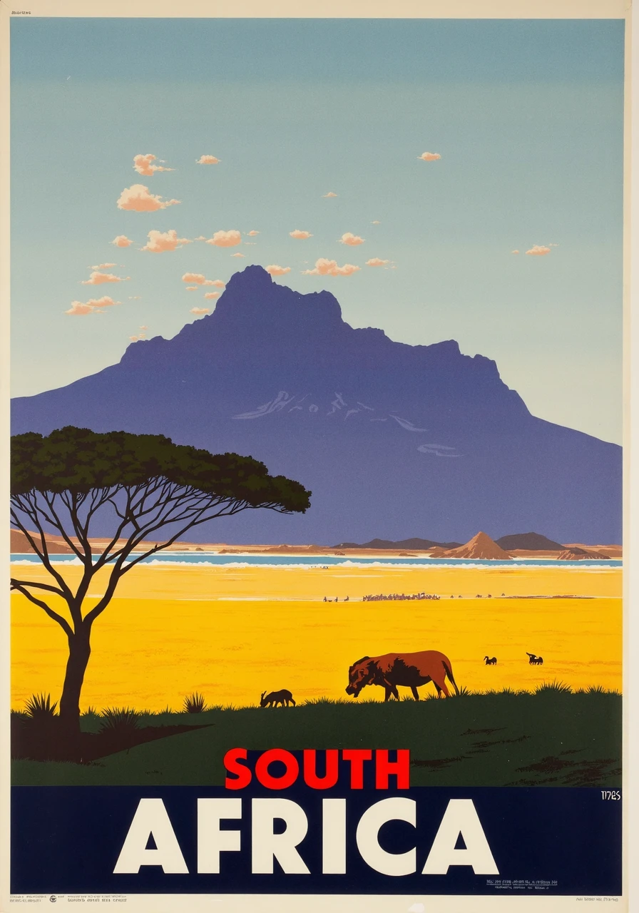 A picturesque travel poster for South Africa – British Airways logo, featuring Table Mountain and the African savannah with wildlife in the distance.