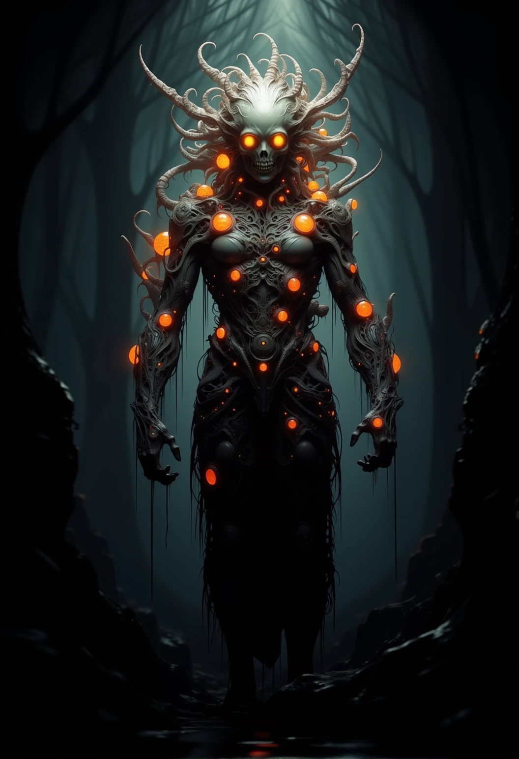 bv-mychorwo, mycelium, horror,. A full-body shot of a mutated humanoid merged with fungi, with pulsing bioluminescent bulbs, in a dark forest setting, featuring glowing orange eyes, rendered as a 3D render with photorealistic details , <lora:bv-mycelium-horror-world-v1.safetensors:1.0:1.0>