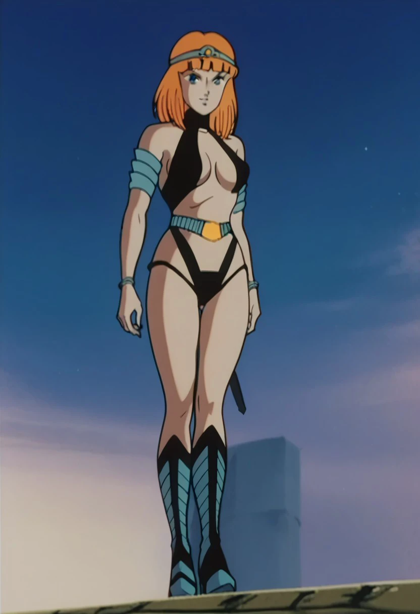 score_9, score_8_up, score_7_up, source_anime, shmnmzg3r, blue eyes, horizontal pupils, black leotard, clothing cutout, high heel boots, knee boots, circlet, armlet, bracelet, belt, halterneck, retro artstyle, 1980s (style), anime screencap