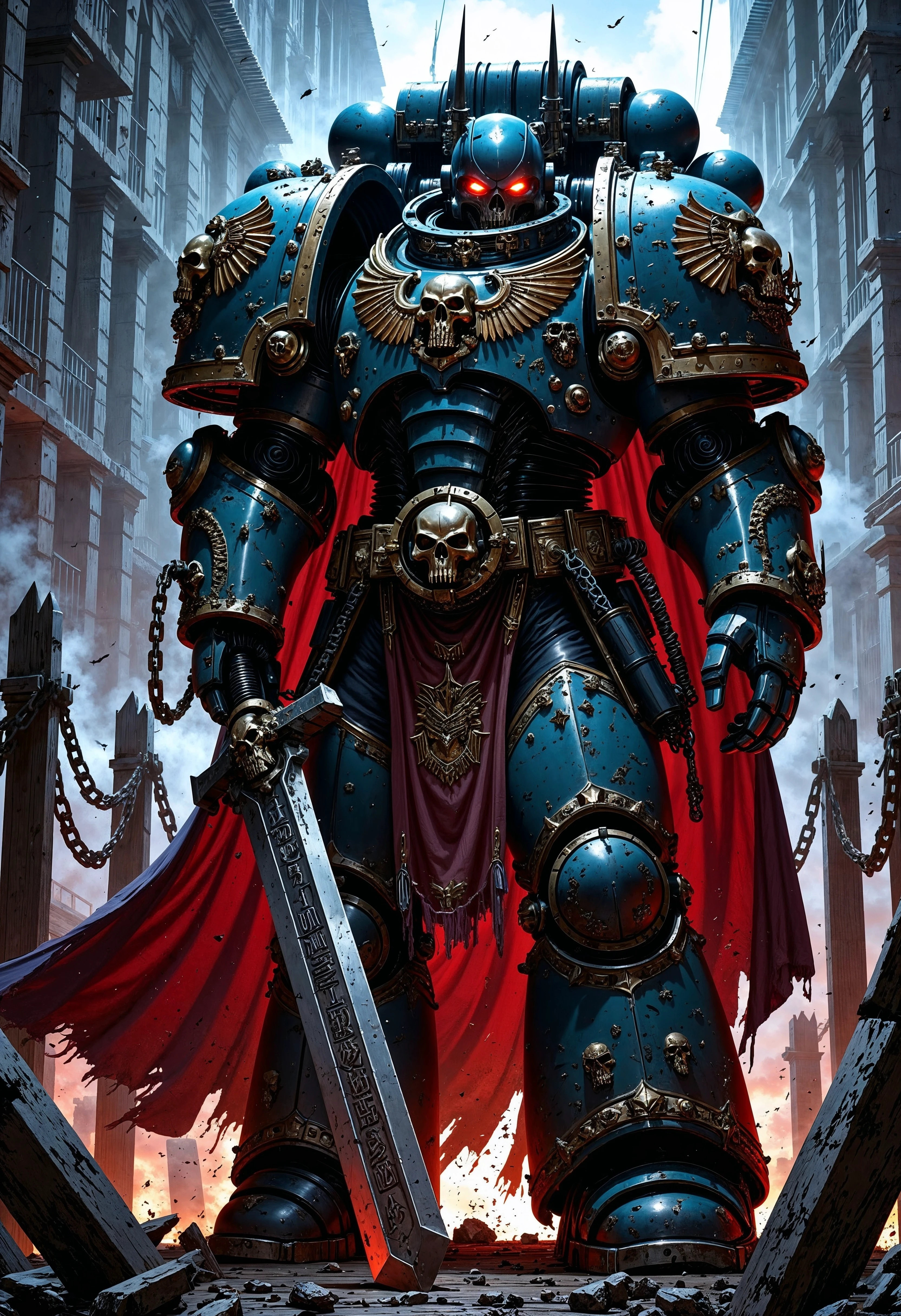 A Powerful NightL40K space marine, draped in tattered, power armor that pulses with a faint, eerie glow, stands on a creaking wooden bridge. He points the tip of a massive, rune-etched sword menacingly at the camera, the blade crackling with dark energy. Shadows swirl around him, and the misty air is thick with tension. red flames flicker within his hollow eyes, reflecting the bridge's warped, splintered planks, over the sword camera view <lora:FluxNightL40K:1>