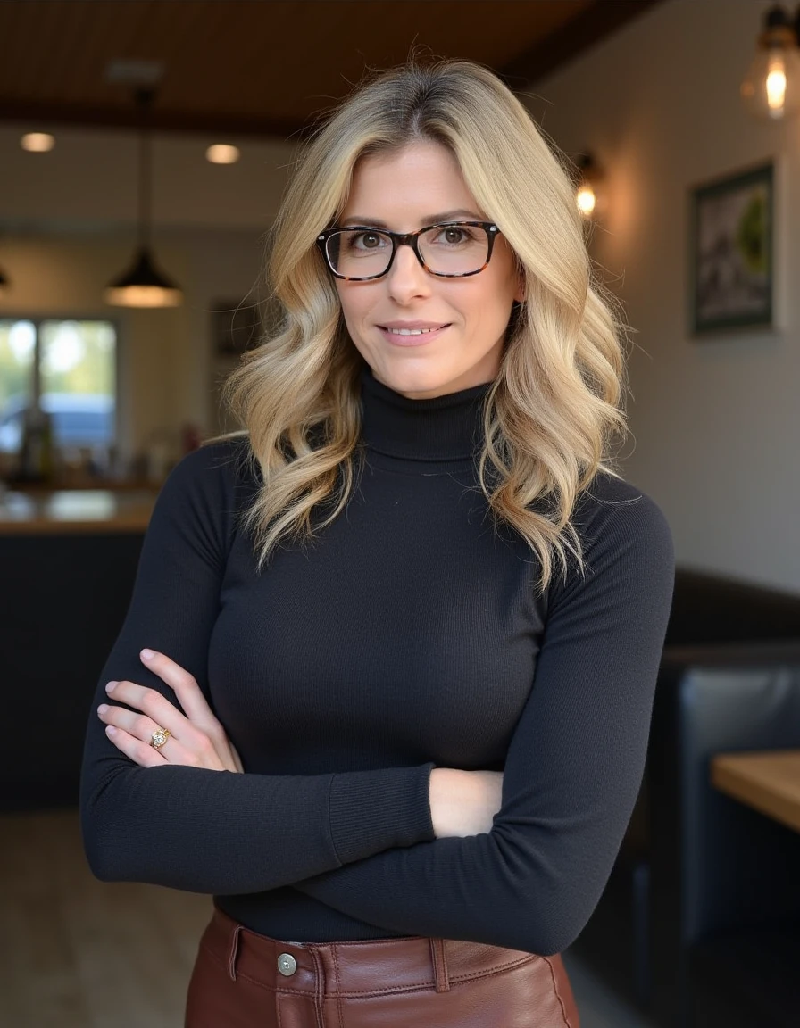 <lora:Cory_Chase_Flux:1>  This is a realistic photograph of a athletic woman in her early 40s standing in a cafe, She has shoulder-length, wavy blonde hair styled in loose curls cascading down her back. Her skin is fair and smooth. She wears black-framed glasses, wearing a turtleneck shirt and skirt, looking at the viewer