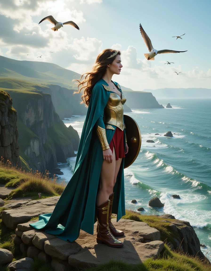 Pony_Flux_001, A young woman stands alone on a windswept cliff overlooking a vast ocean, her long brown hair fluttering in the sea breeze. She wears intricate medieval armor, embellished with a delicate hairpiece, and a flowing cloak billows dramatically behind her. In her hand, she holds a beautifully crafted shield, ready to protect herself against mythical sea creatures. A small mole under her eye adds character to her noble visage. Her expression is resolute as she gazes into the distance, standing firmly in sturdy leather boots. The rugged coastline around her is richly detailed, with soft sunlight casting a warm glow, and seagulls soaring overhead, adding a sense of magic and adventure to the scene.