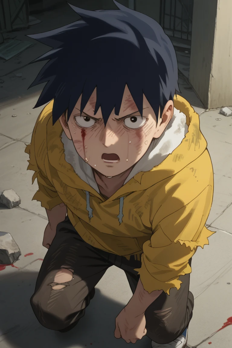 score_9,score_8_up, score_7_up, score_6_up,
ritsu kageyama, black hair, black eyes, official style, 1boy, male focus, solo, blood, torn clothes, nosebleed, injury, open mouth, hood, sweat