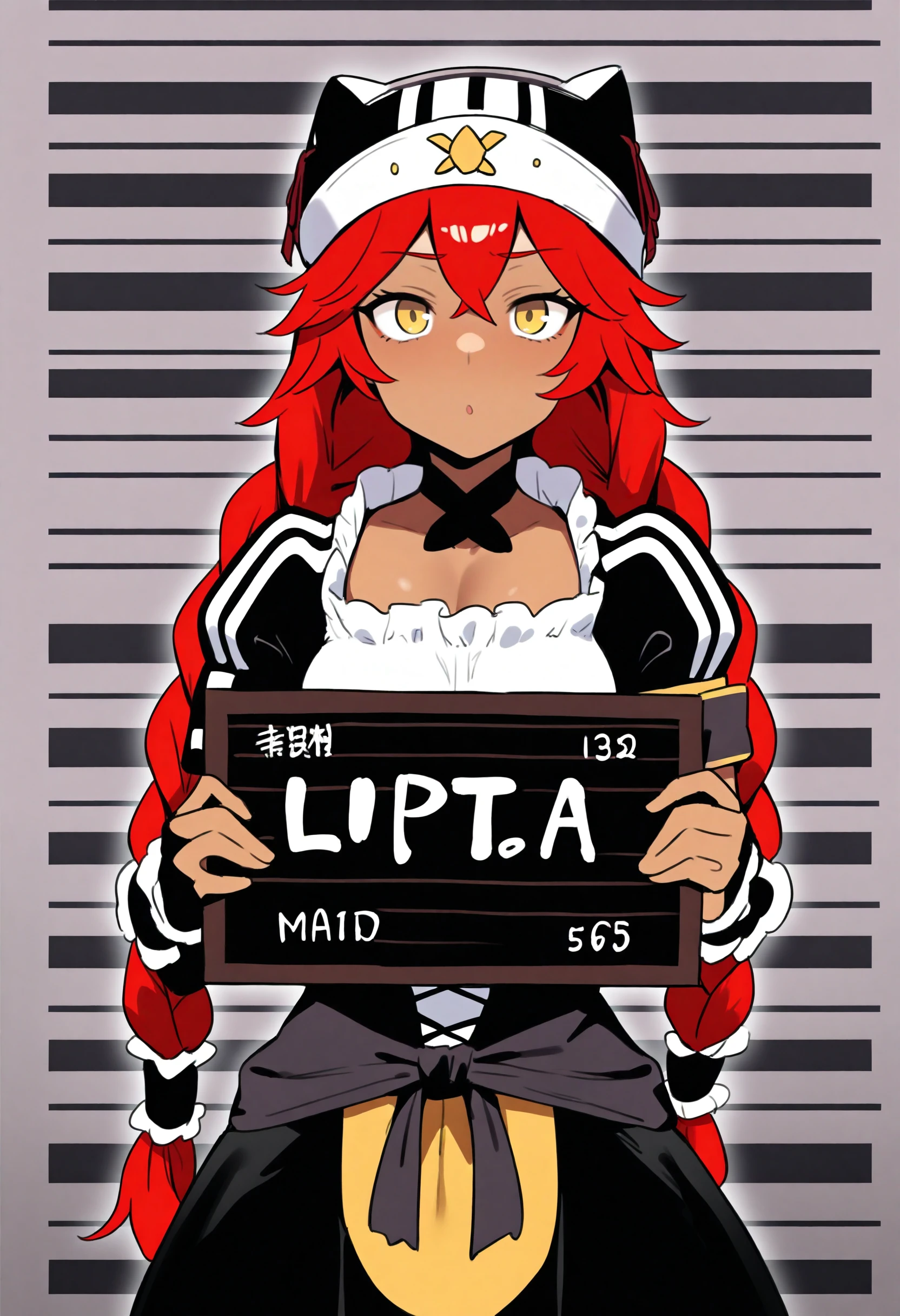 best quality, amazing quality, very aesthetic, absurdres,
1girl, lupusregina, red hair, long hair, twin braids, yellow eyes, dark skin, choker, dress, hat, maid, mugshot, holding sign, looking at viewer   <lora:LupusReginaIllustriousXL_byKonan:1>