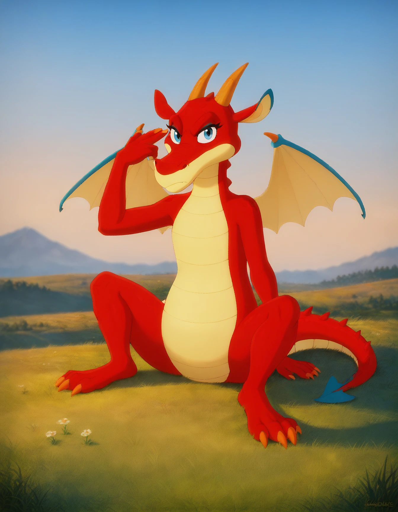 score_9, score_8_up, score_7_up, score_6_up, score_5_up, score_4_up, solo, girl
Chudo_Yudo_Varvara, red scales, two tone skin, makeup, horns, blue eyes, wings, orange claws, finger gun to head, grass, sitting, closed mouth, serious face<lora:FingergunToHead_XLPD:1>
<lora:Chudo_Yudo_Varvara_XL:0.9>