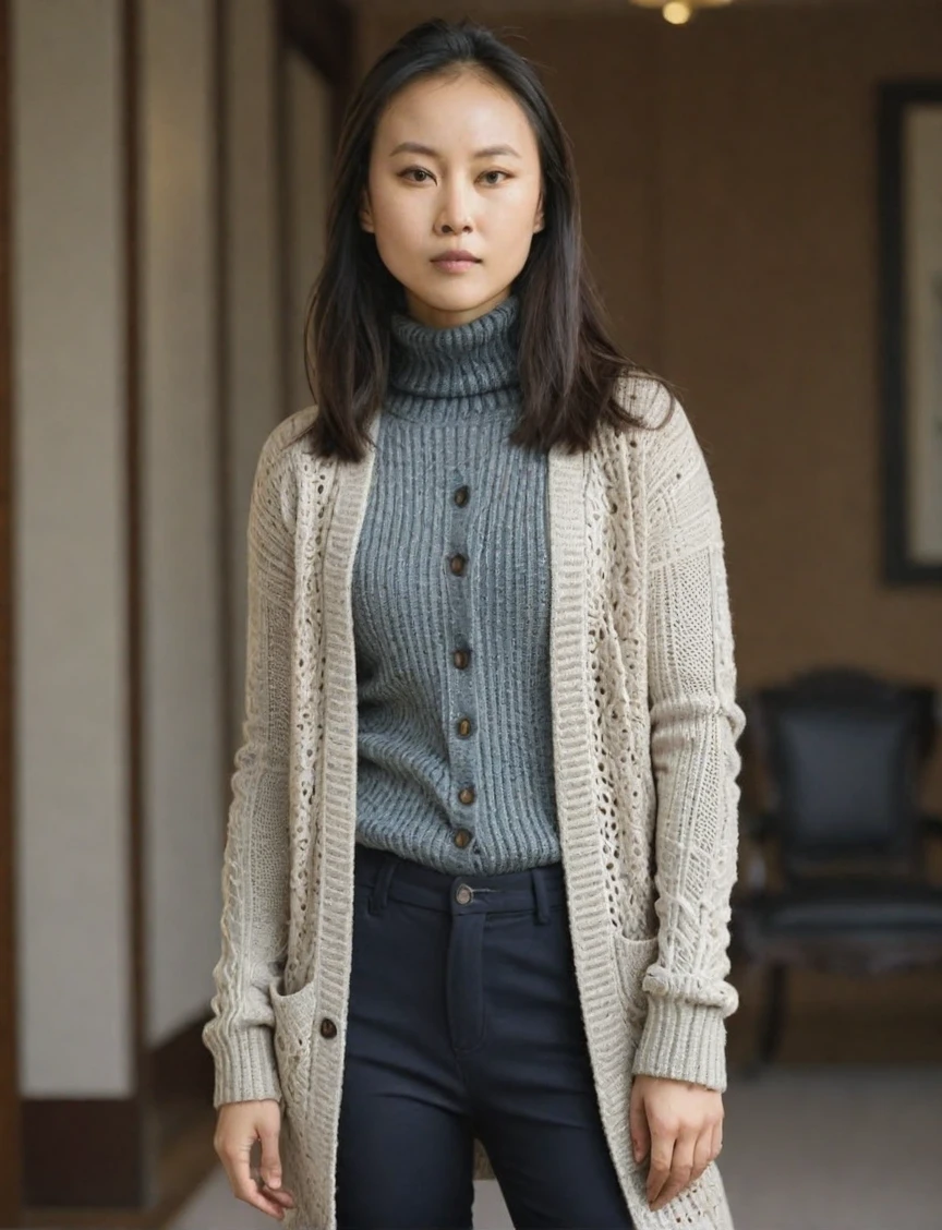 a professional sharp focus absurdres intricately detailed full torso head focus photograph of a beautiful Noémie_Nakai,
wearing slim pants with a long knit cardigan sweater over a turtleneck long-sleeved shirt,
 <lora:Noémie_Nakai-SDXLe15:0.8>