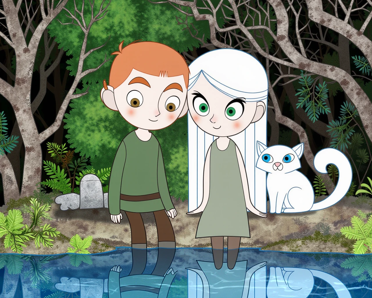 SecretKells, animated characters Brendan SecretKells and Aisling SecretKells with a white hair in a simple dress they are sitting by a calm river, surrounded by dense forest, intricate patterns in the foliage and water reflections, the atmosphere is serene and whimsical, animated scene, vibrant colors, white cat PangurBan SecretKells nearby