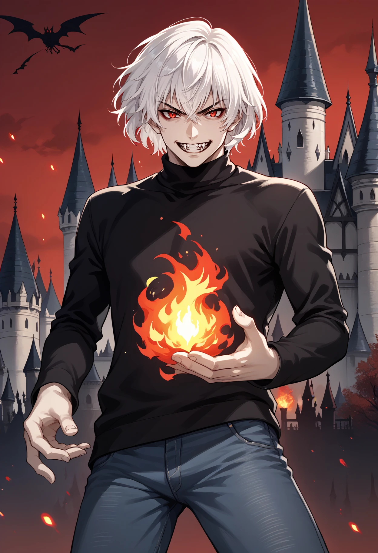 score_9, score_7_up, source_anime, 1boy, cowboy shot, looking at viewer, evil grin, fangs, vampire, holding fireball, <lora:SomaCV-pdxl:1> soma, white hair, short hair, red eyes, black sweater, jeans, night, castle, red sky